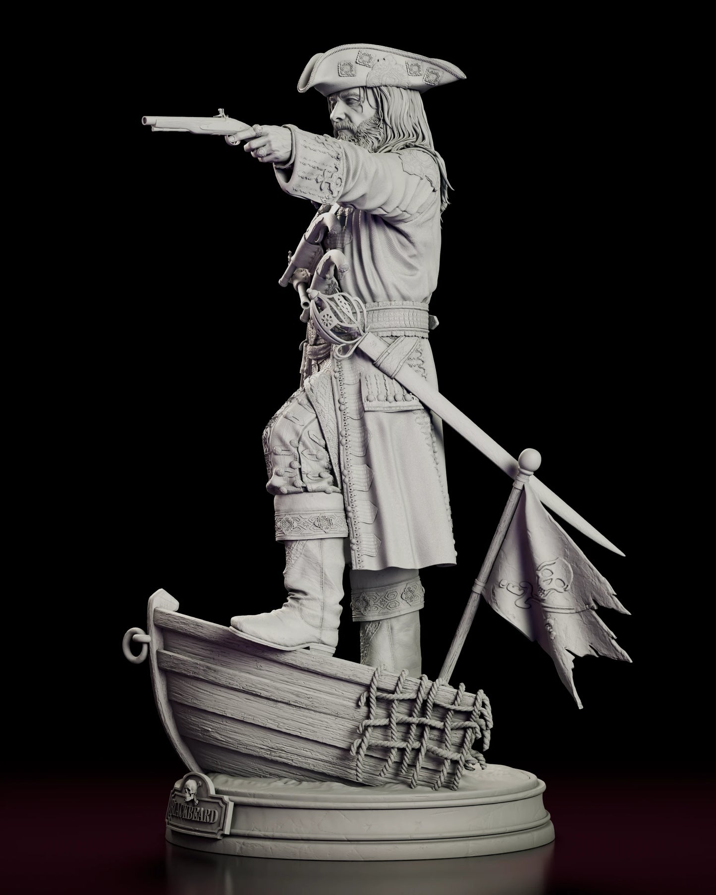 Left side view of the Blackbeard figure model kit showing the sheathed blade at his side, the coat skirts and the pirate flag on its staff
