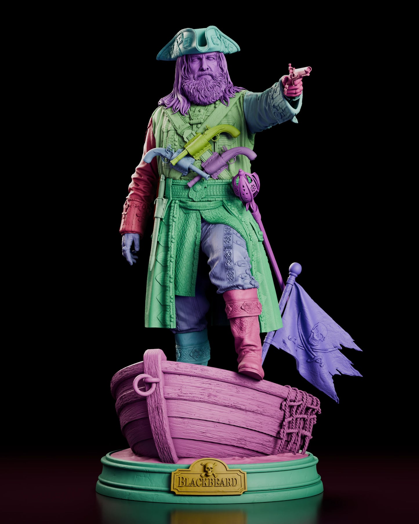Parts breakdown of the Blackbeard figure model kit showing the separate head options, torso, arms, coat, weapons, flag and sectioned longboat base
