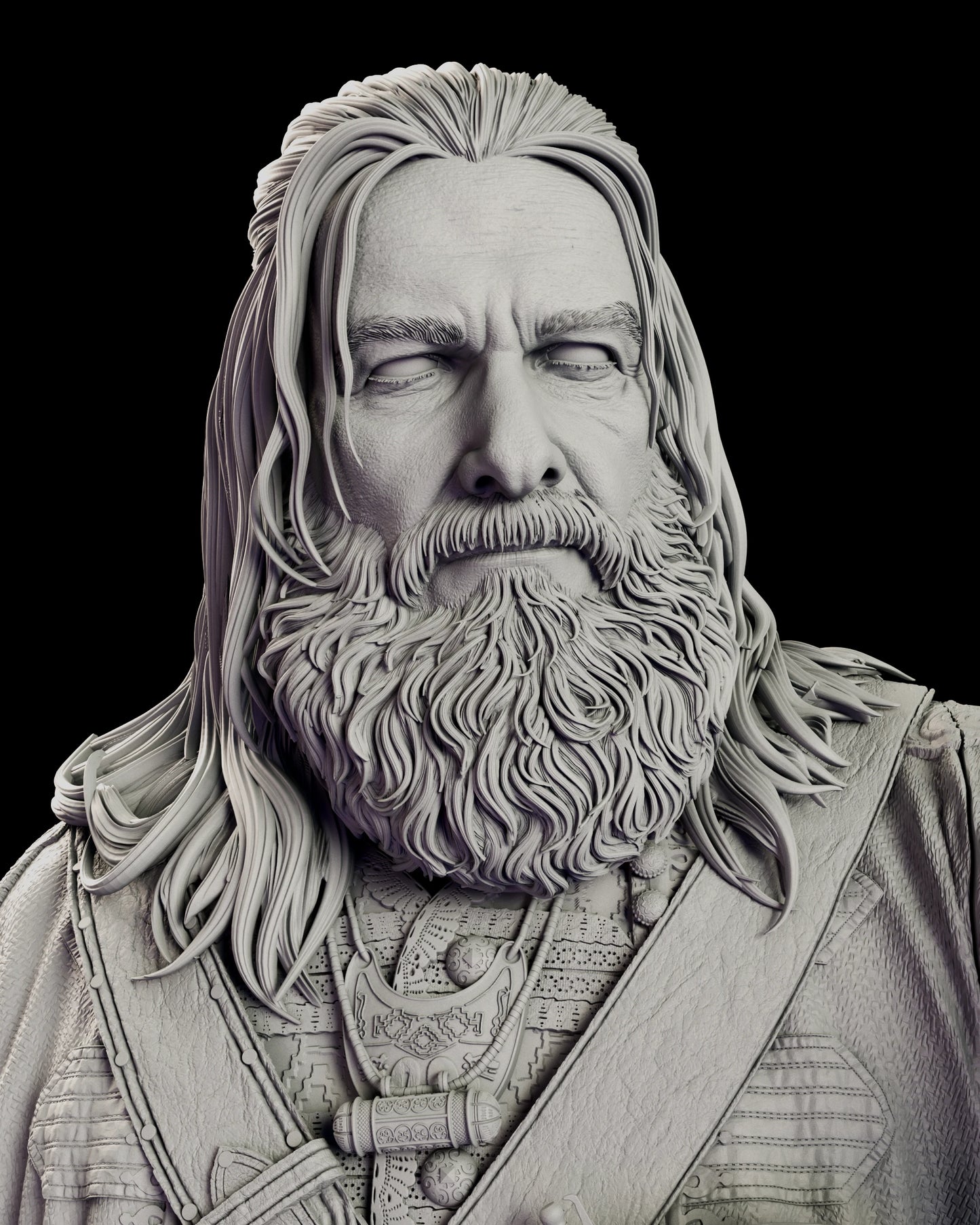 Alternate head portrait of the Blackbeard figure model kit with a full head of swept back hair and no hat, showing the weathered face and full beard