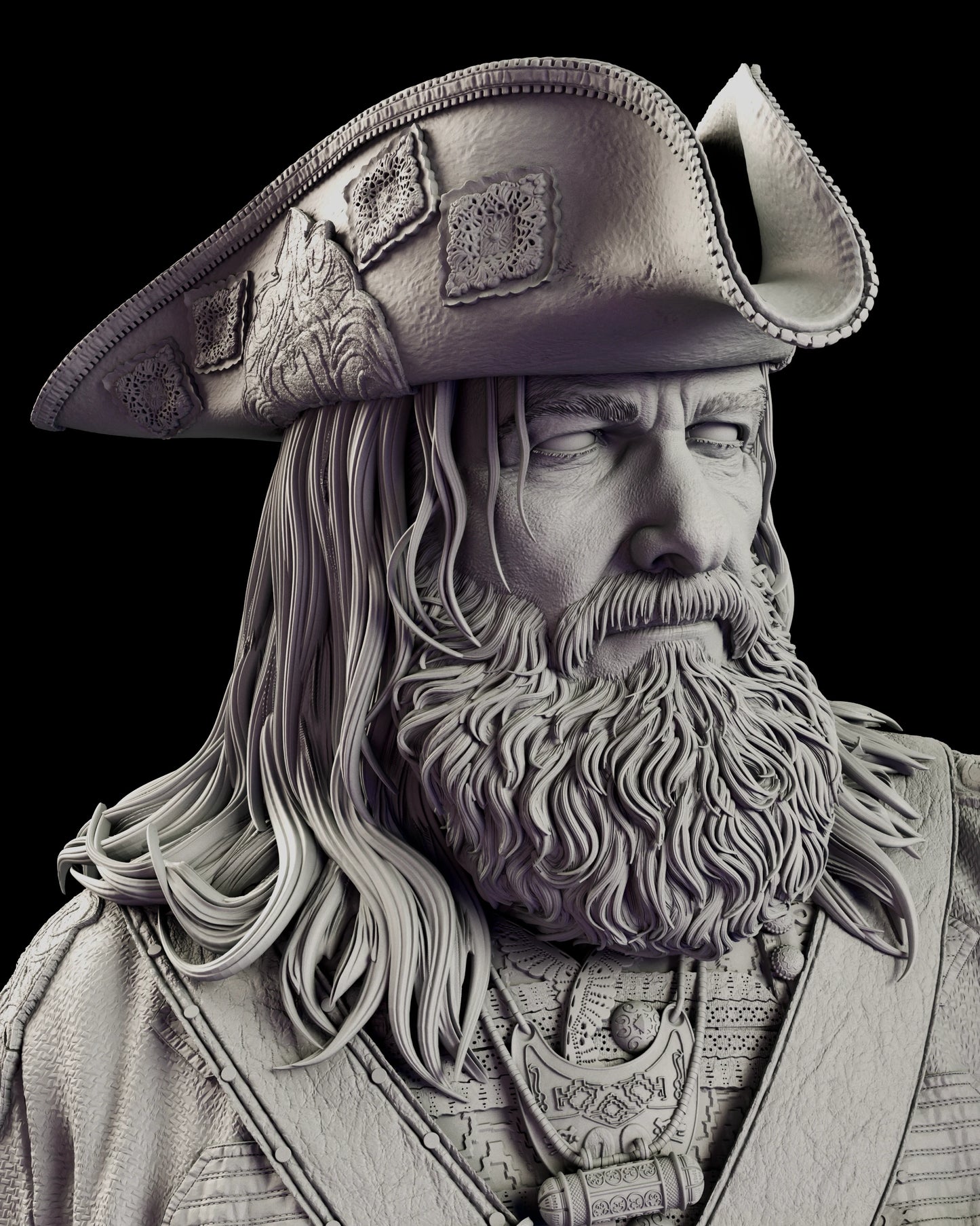 Portrait view of the Blackbeard figure model kit wearing the lace trimmed tricorne over long hair and a full braided beard