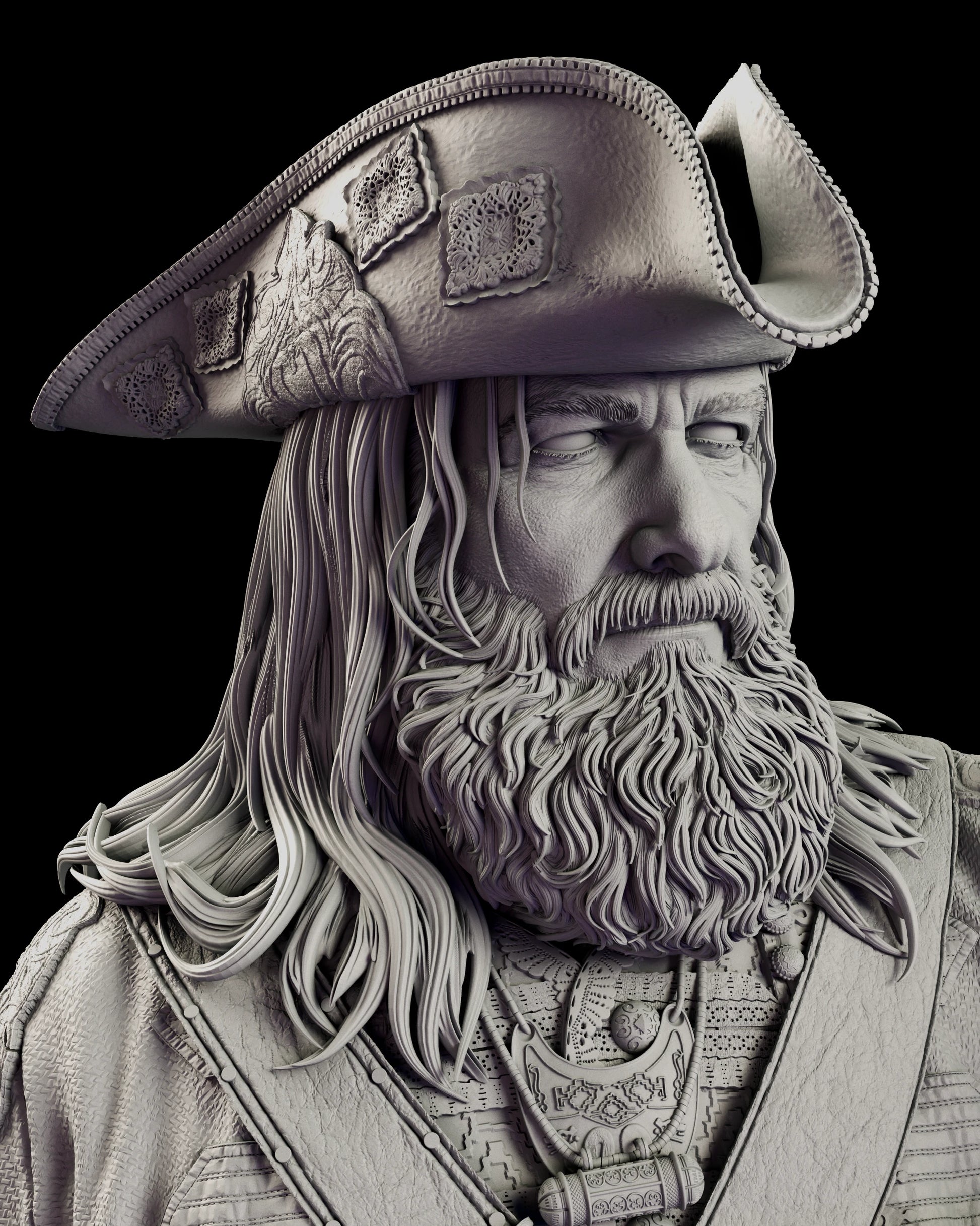 Portrait view of the Blackbeard figure model kit wearing the lace trimmed tricorne over long hair and a full braided beard