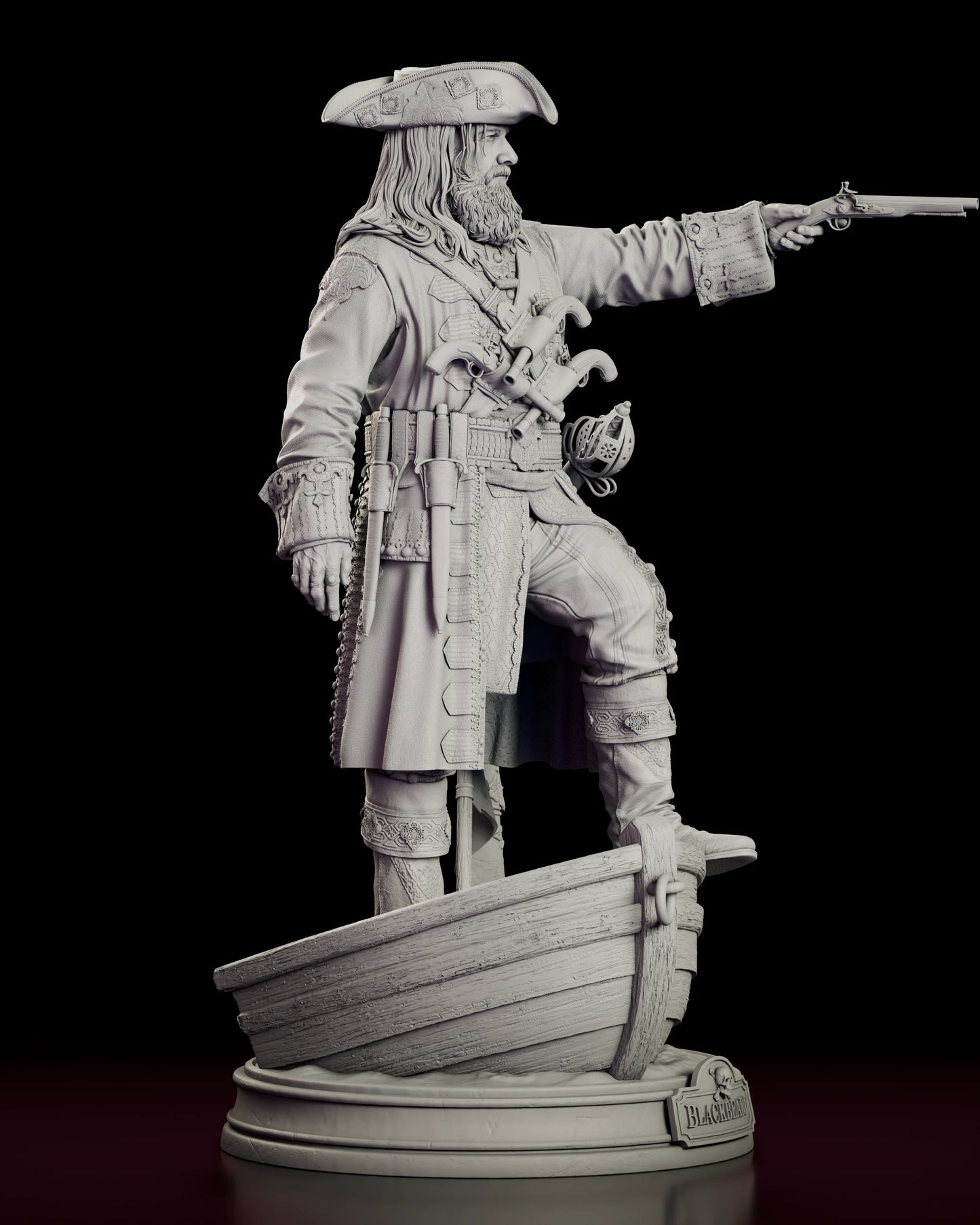 Right side view of the Blackbeard figure model kit showing the extended pistol arm, the long embroidered coat and the rope lashed across the boat timbers