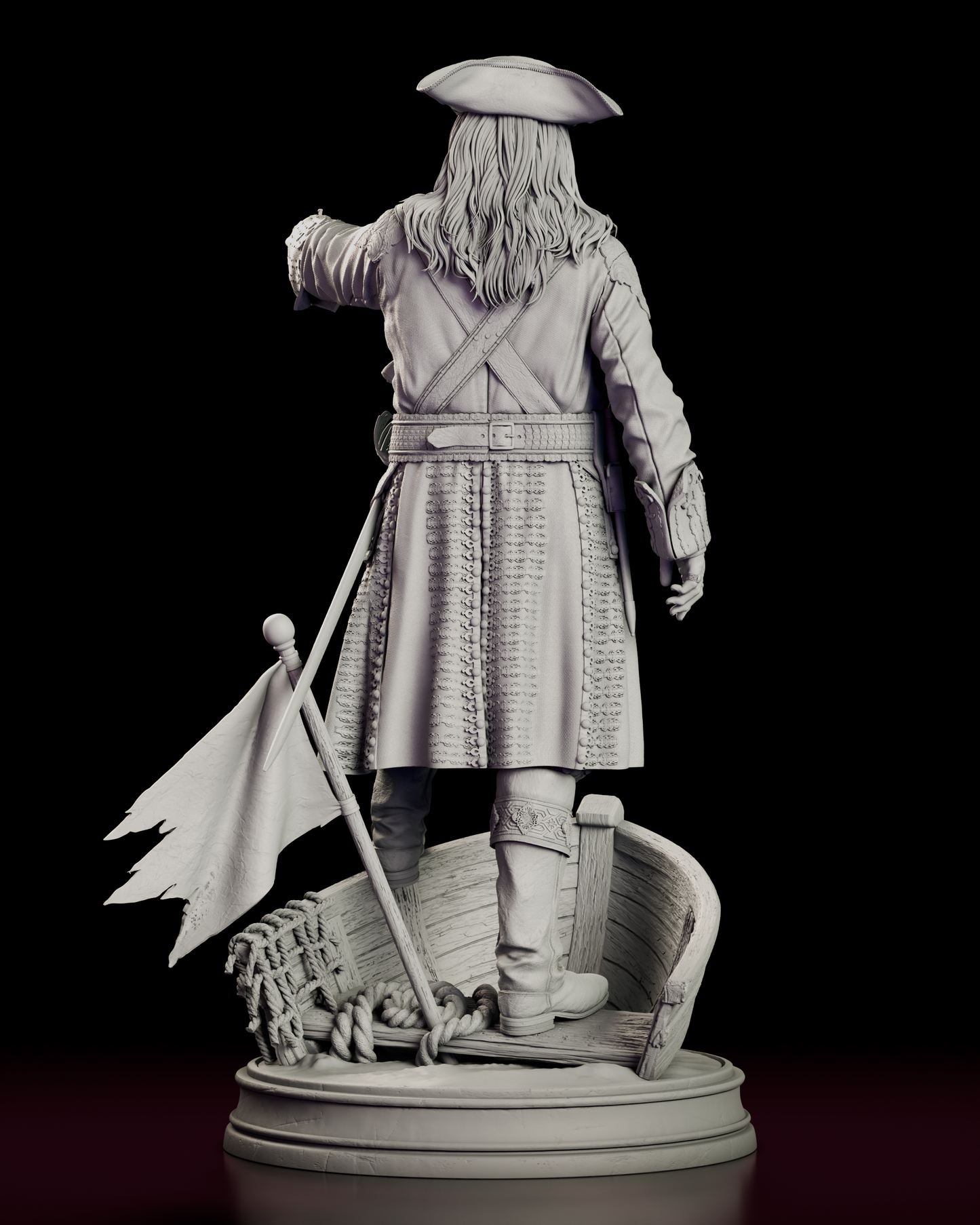 Rear view of the Blackbeard figure model kit showing coat detail and the boat base