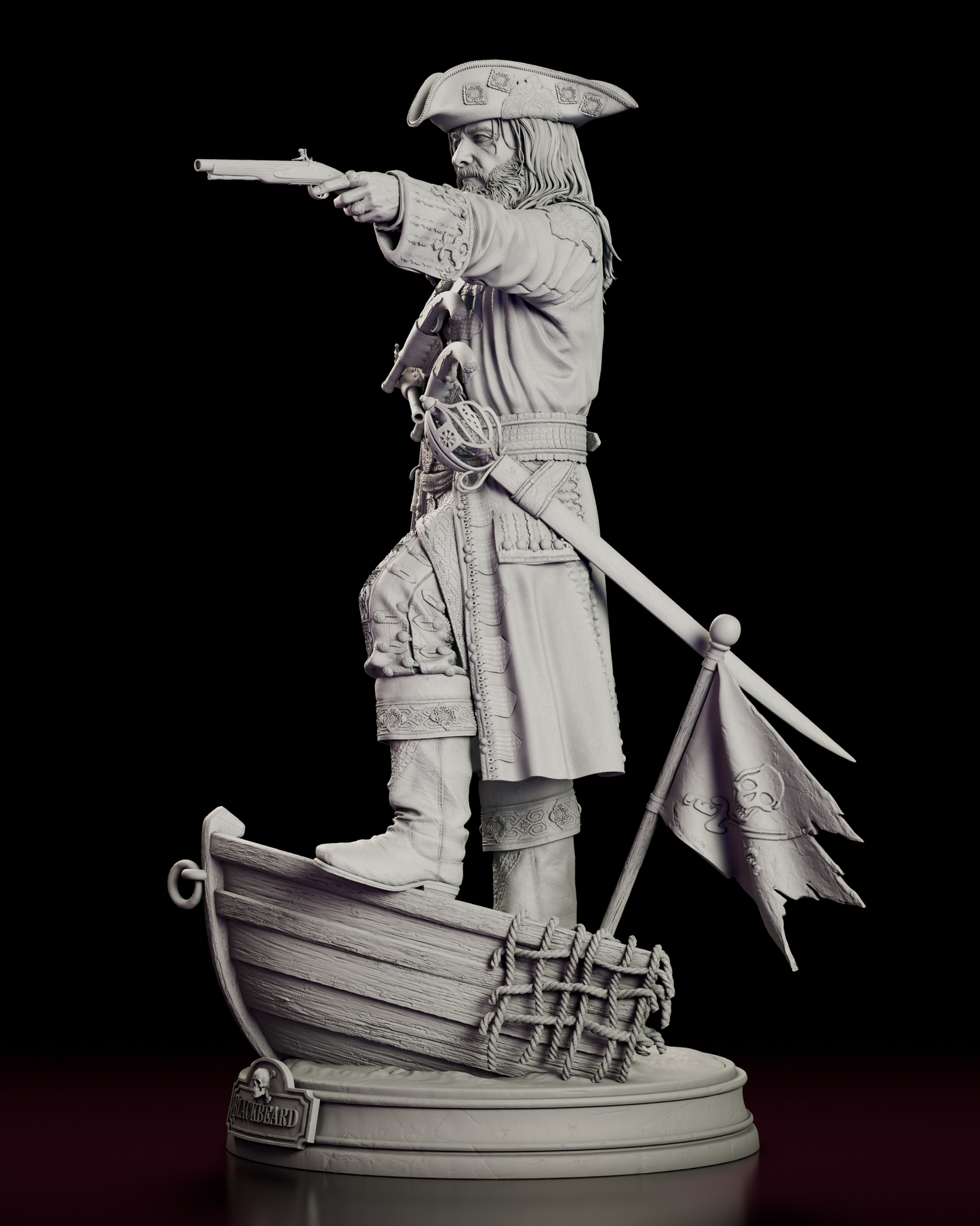 Left side view of the Blackbeard figure model kit with rapier and tattered skull flag