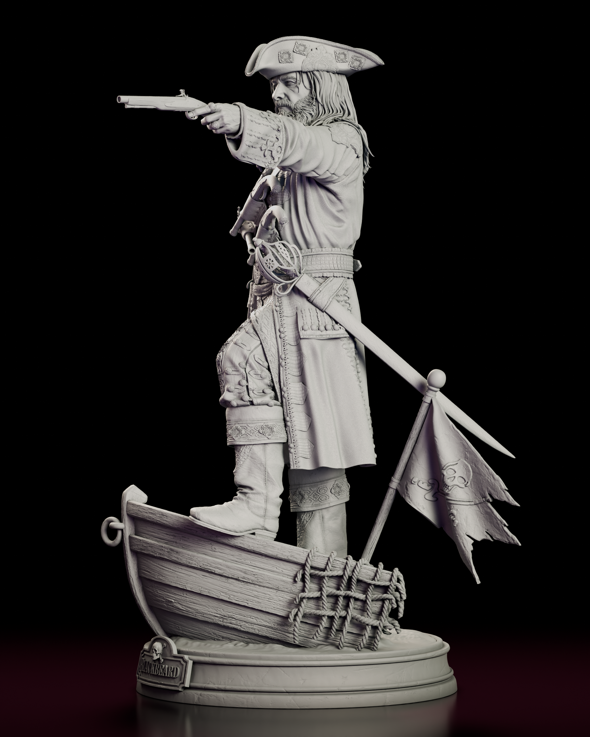 Left side view of the Blackbeard figure model kit with rapier and tattered skull flag