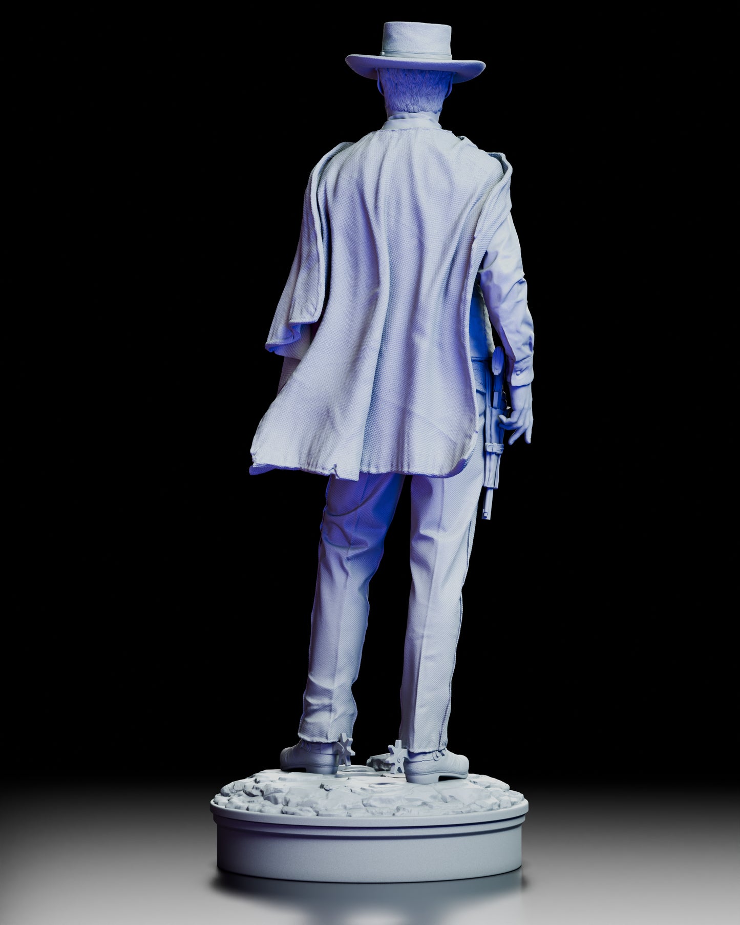 Rear view of Blondie western gunslinger figure showing flowing poncho and classic cowboy attire standing on rocky base