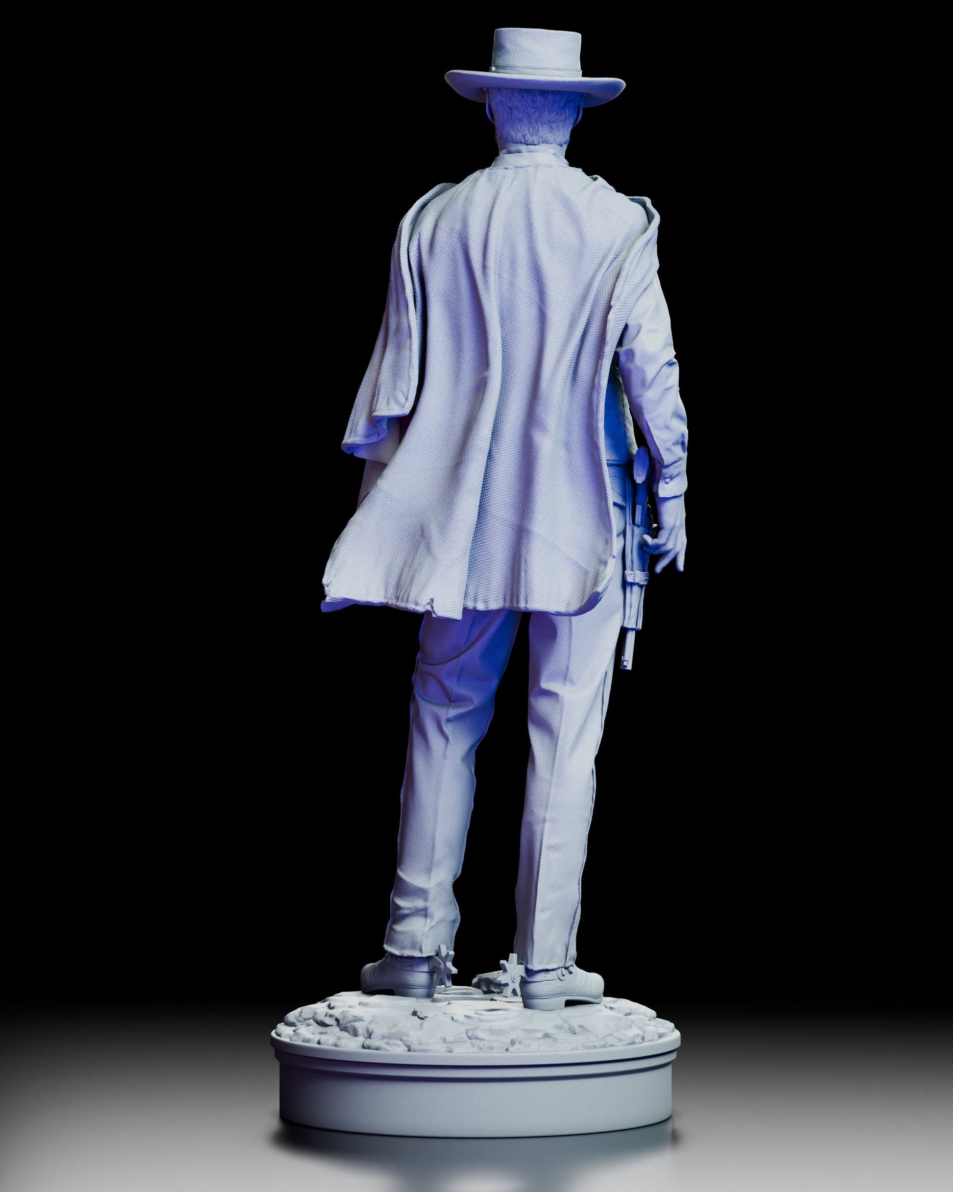 Rear view of Blondie western gunslinger figure showing flowing poncho and classic cowboy attire standing on rocky base