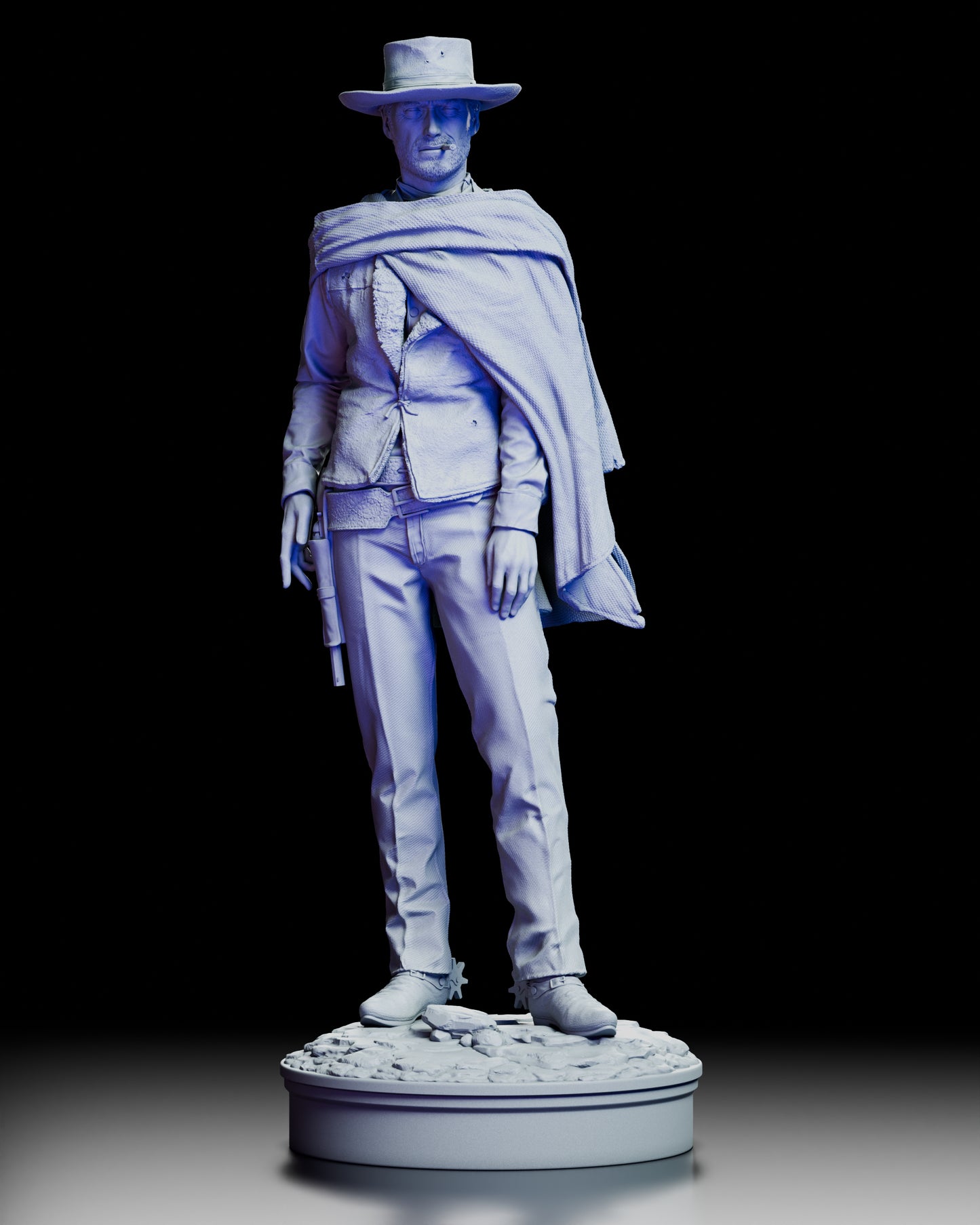 Front view of Blondie The Man With No Name western gunslinger figure model kit wearing poncho and hat with revolver at his side