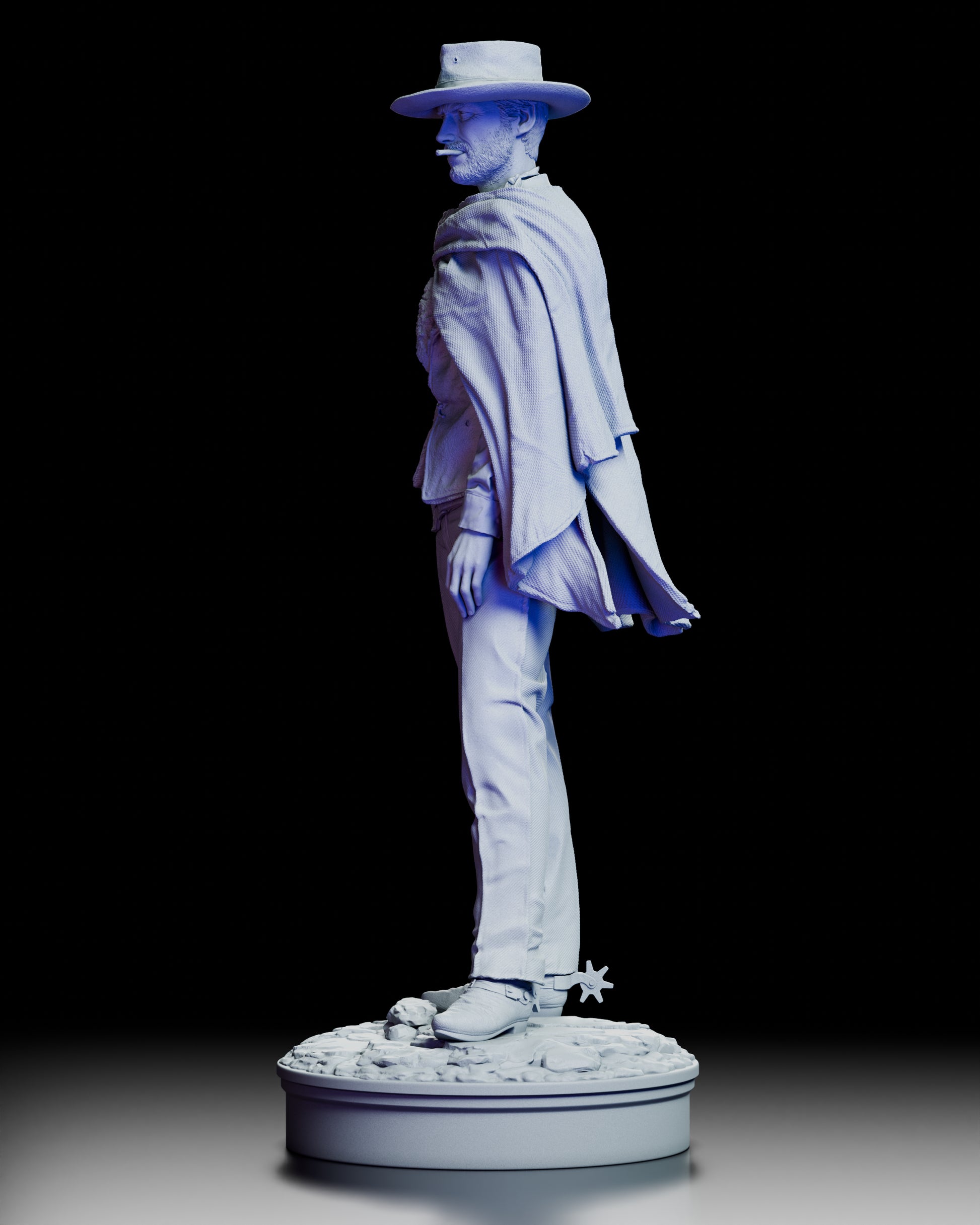 Left profile view of Blondie The Man With No Name gunslinger figure highlighting poncho drape holster and relaxed stance