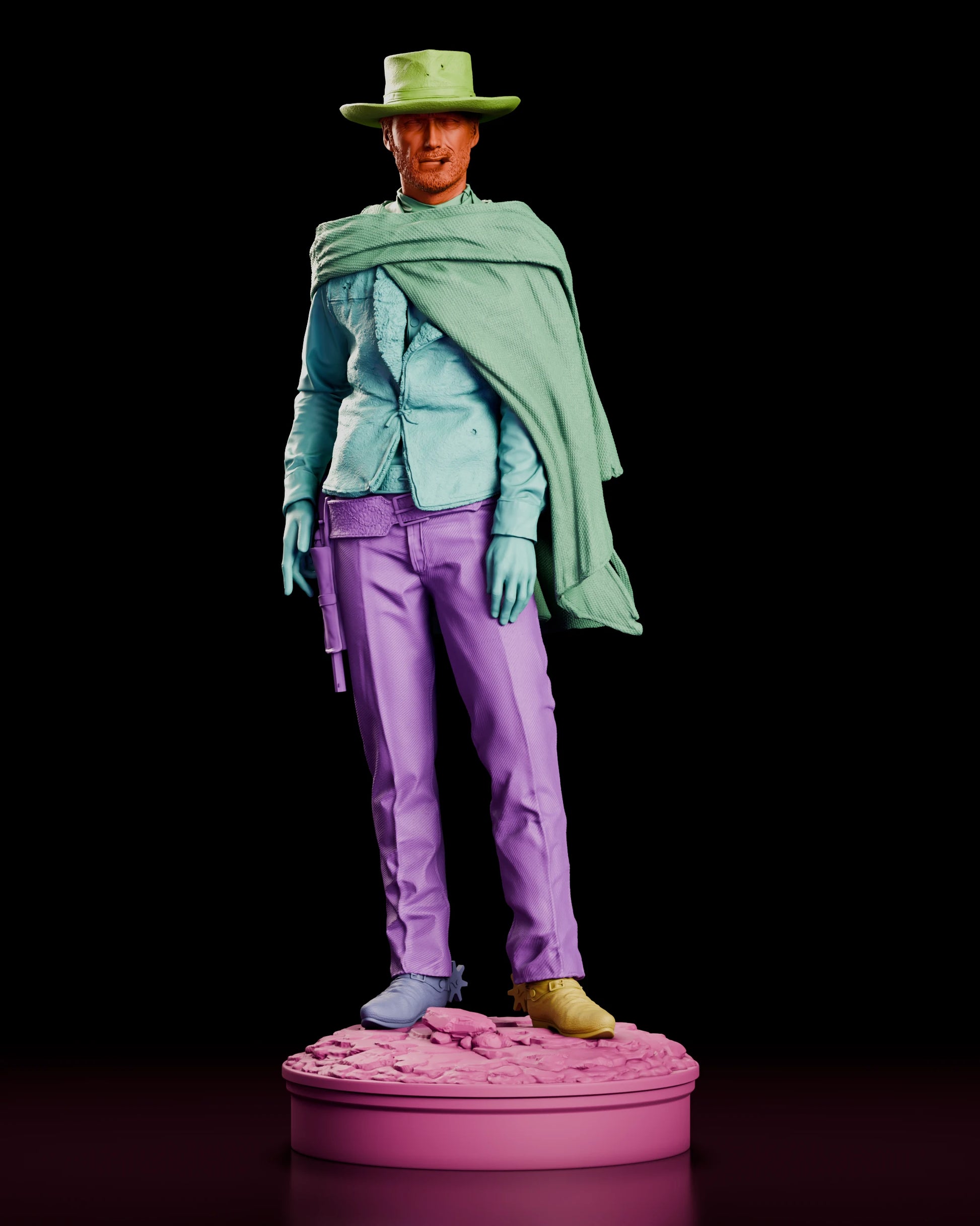 Front view of Blondie western gunslinger figure showing parts of the model kit with each part in a different color.