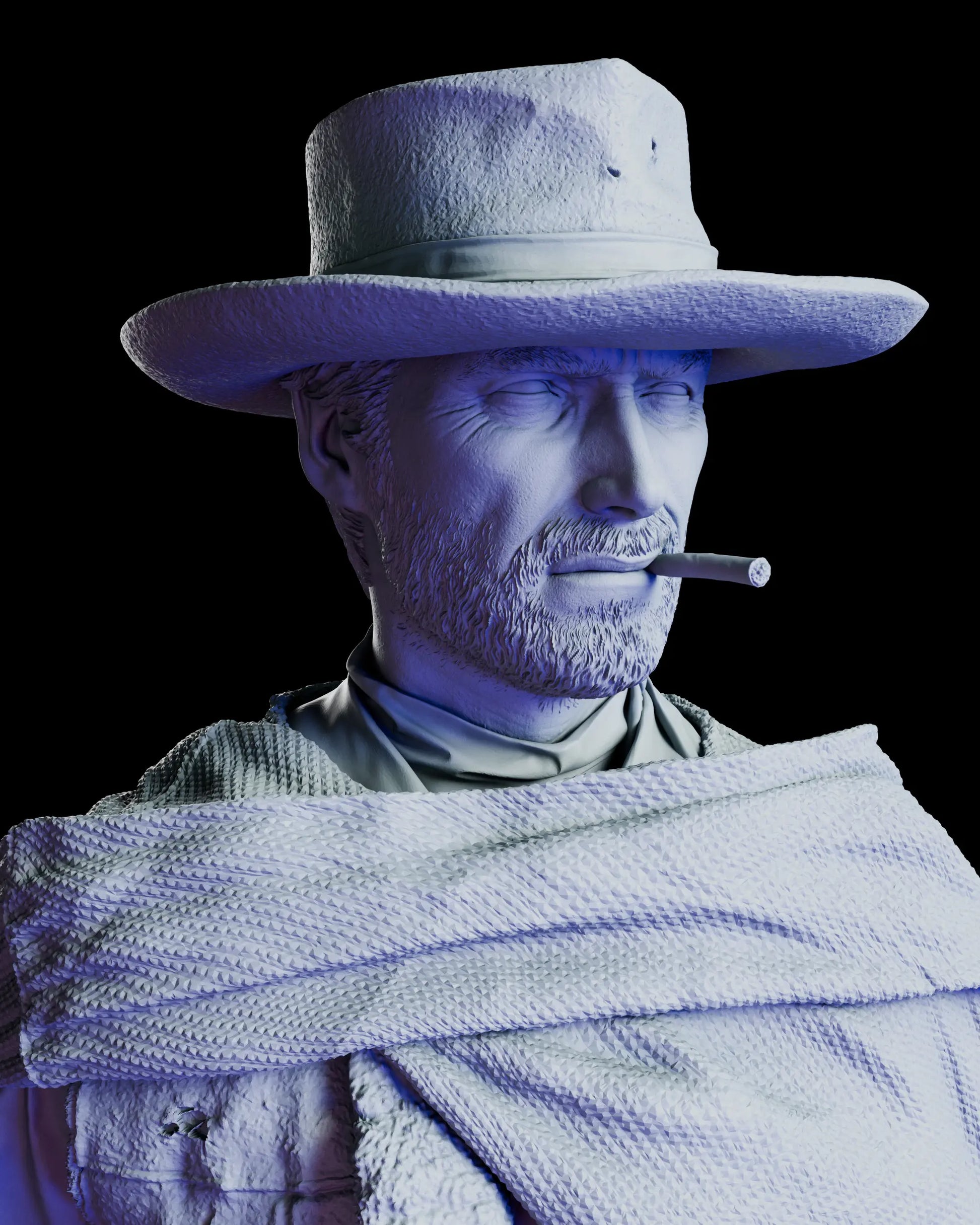 Close up portrait of Blondie The Man With No Name western gunslinger showing hat facial stubble and cigarillo detail
