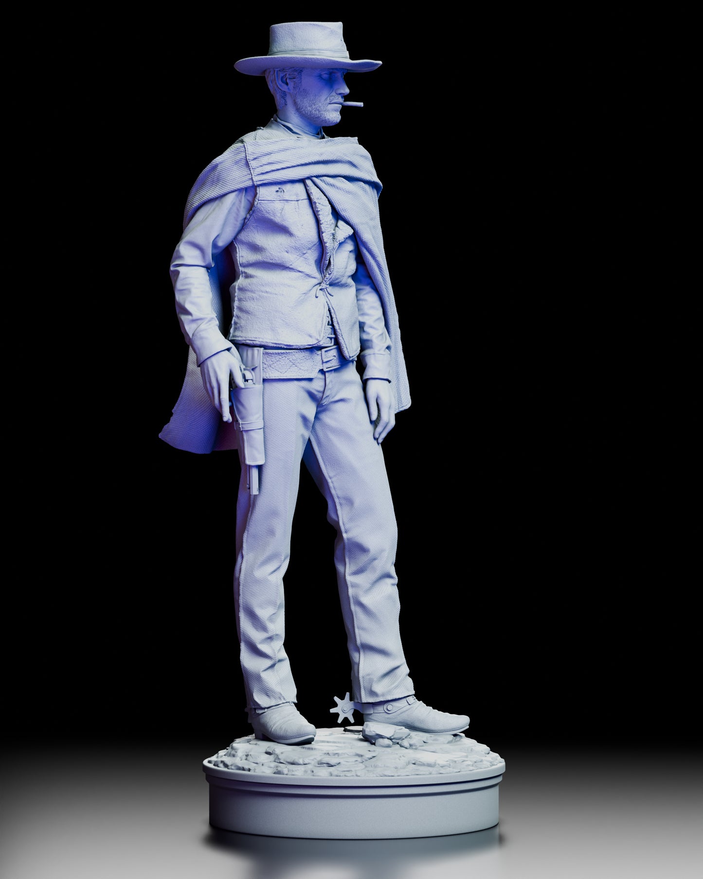 Right profile view of Blondie western gunslinger figure model kit with detailed poncho clothing folds and frontier base