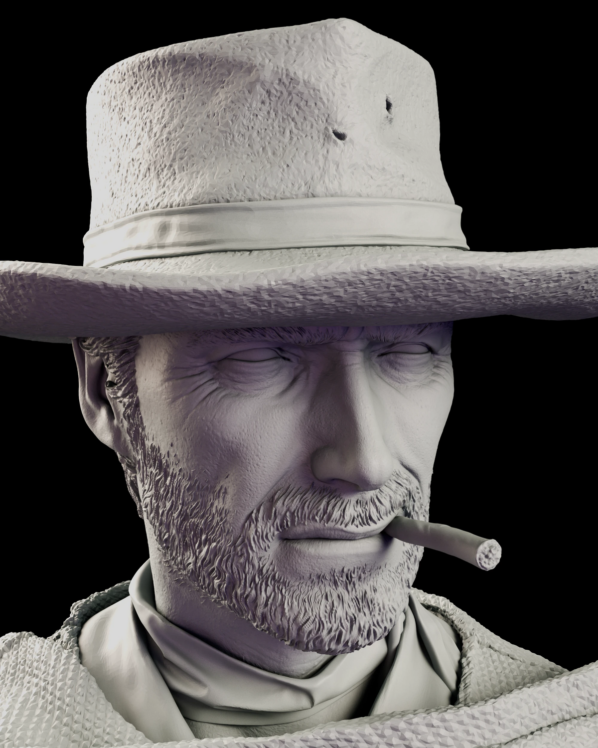 Portrait of the Blondie bust with a weathered hat, narrowed eyes and a cigar at the corner of his mouth