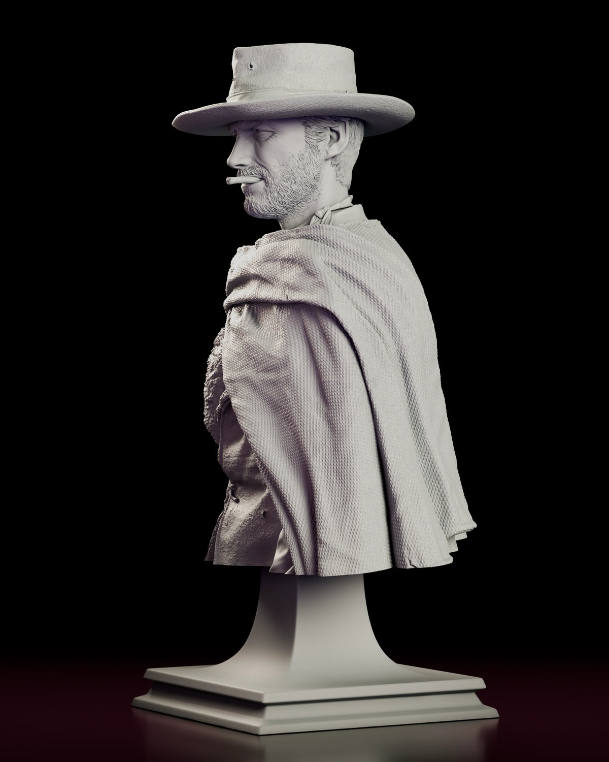 Left side view of the Blondie bust showing the hat brim and the poncho