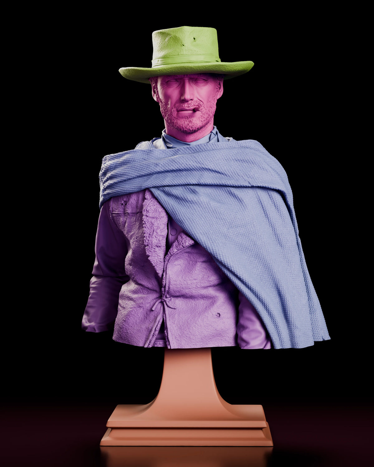 Parts breakdown of the Blondie bust figure model kit with head, hat, body and pedestal shown in separate colours