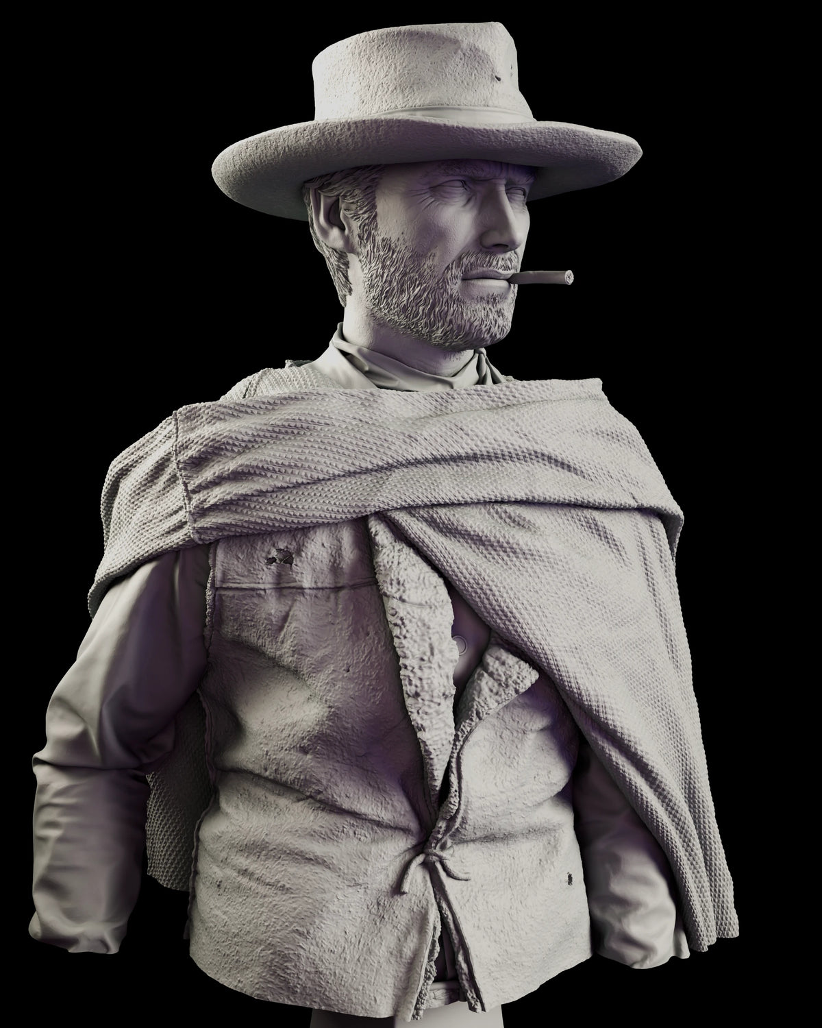 Three-quarter view of the Blondie bust showing the woven poncho, tied shirt and cigar