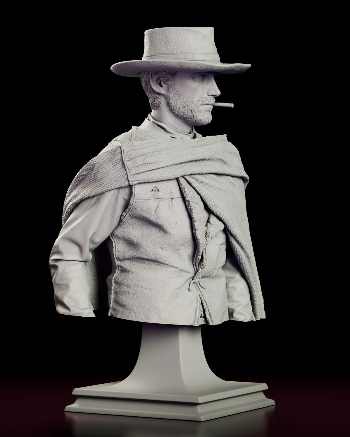 Right side view of the Blondie bust with the cigar in profile and the poncho over his shoulder