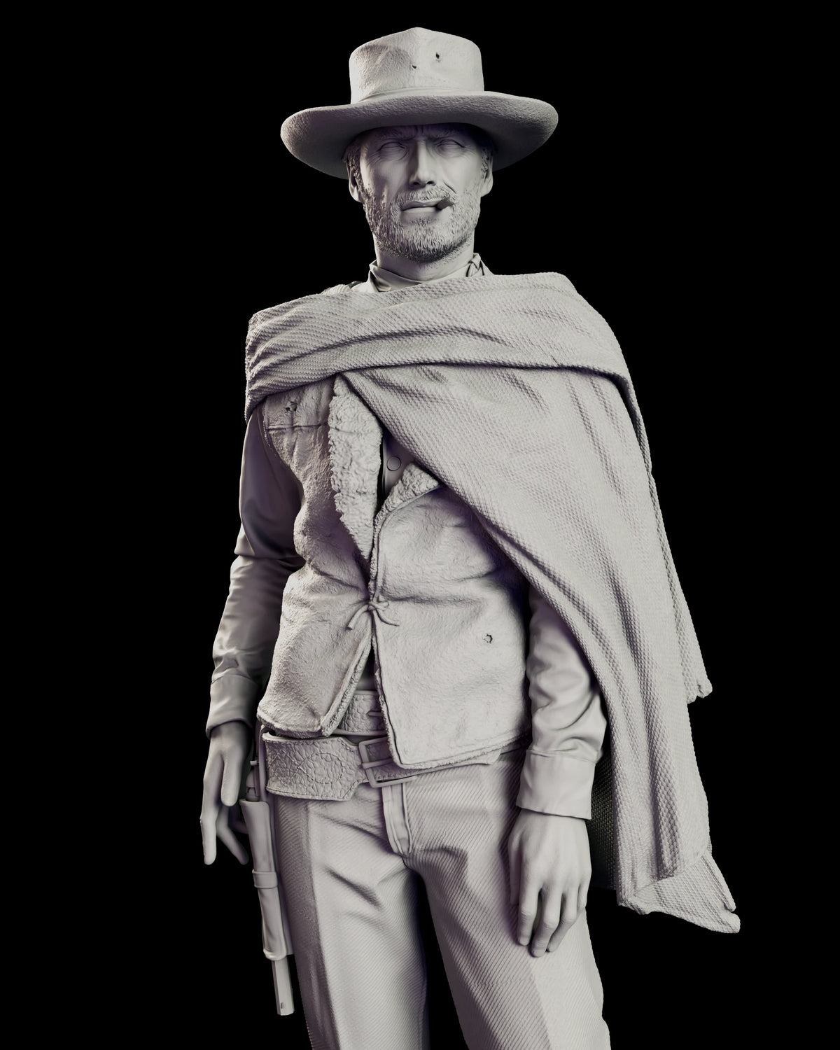 Close view of Blondie with the woven poncho over one shoulder and a holstered revolver