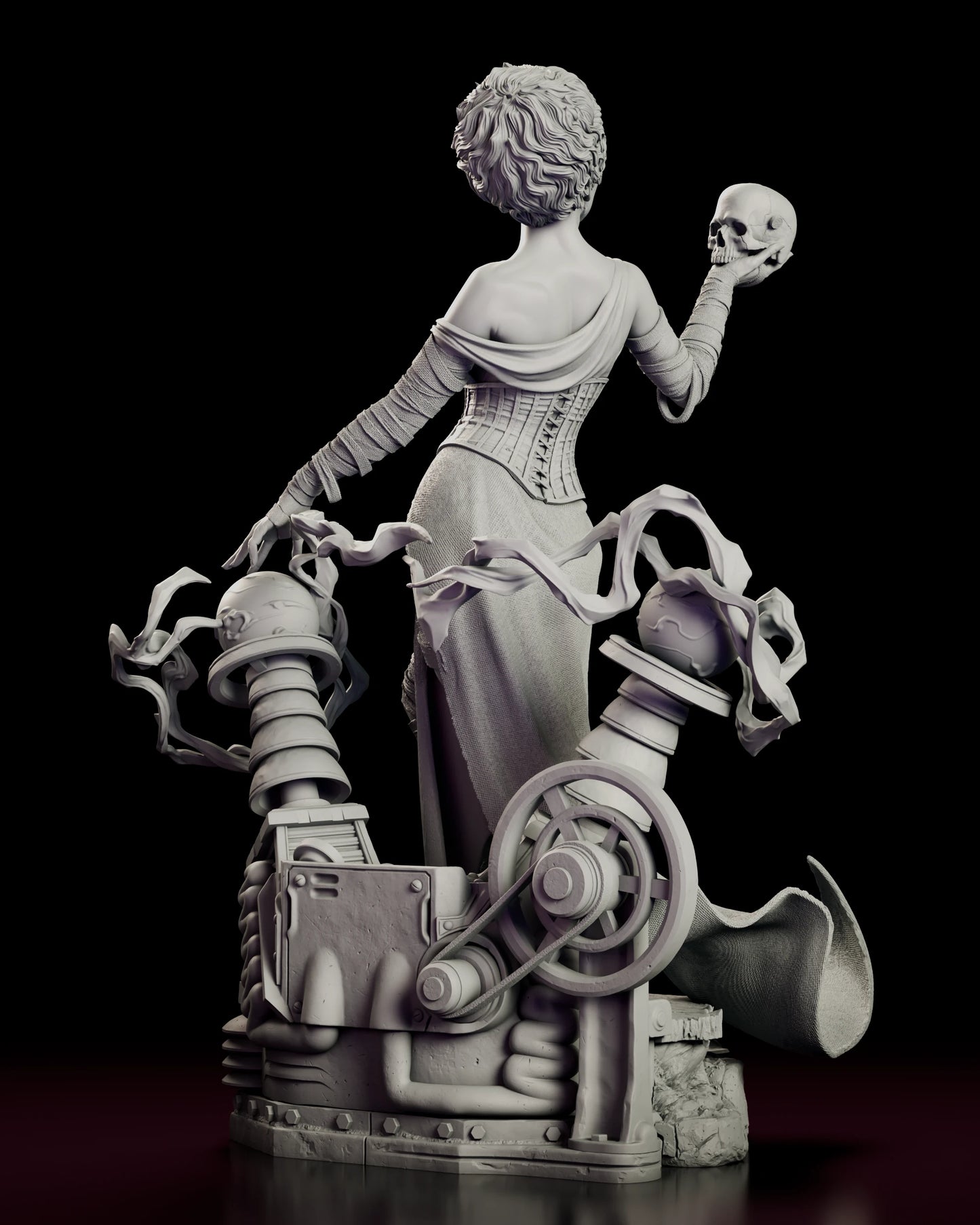 Rear view of the Bride of Frankenstein figure model kit showing the cross-laced corset up the bare back, the draped gown and the spoked flywheel, drive belt and generator housing built into the laboratory base