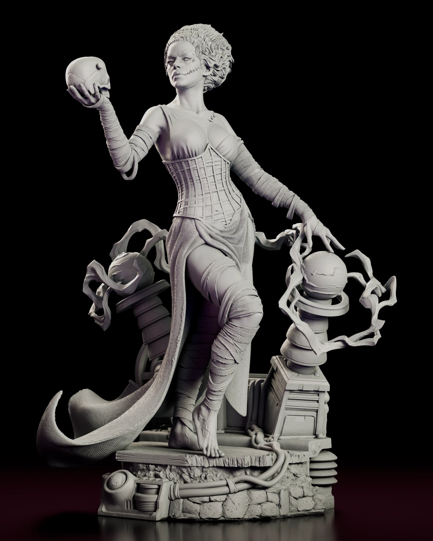 Front view of the Bride of Frankenstein figure model kit raising a skull in one hand while resting the other on an arcing Tesla coil sphere, standing barefoot on a stone and steel laboratory base