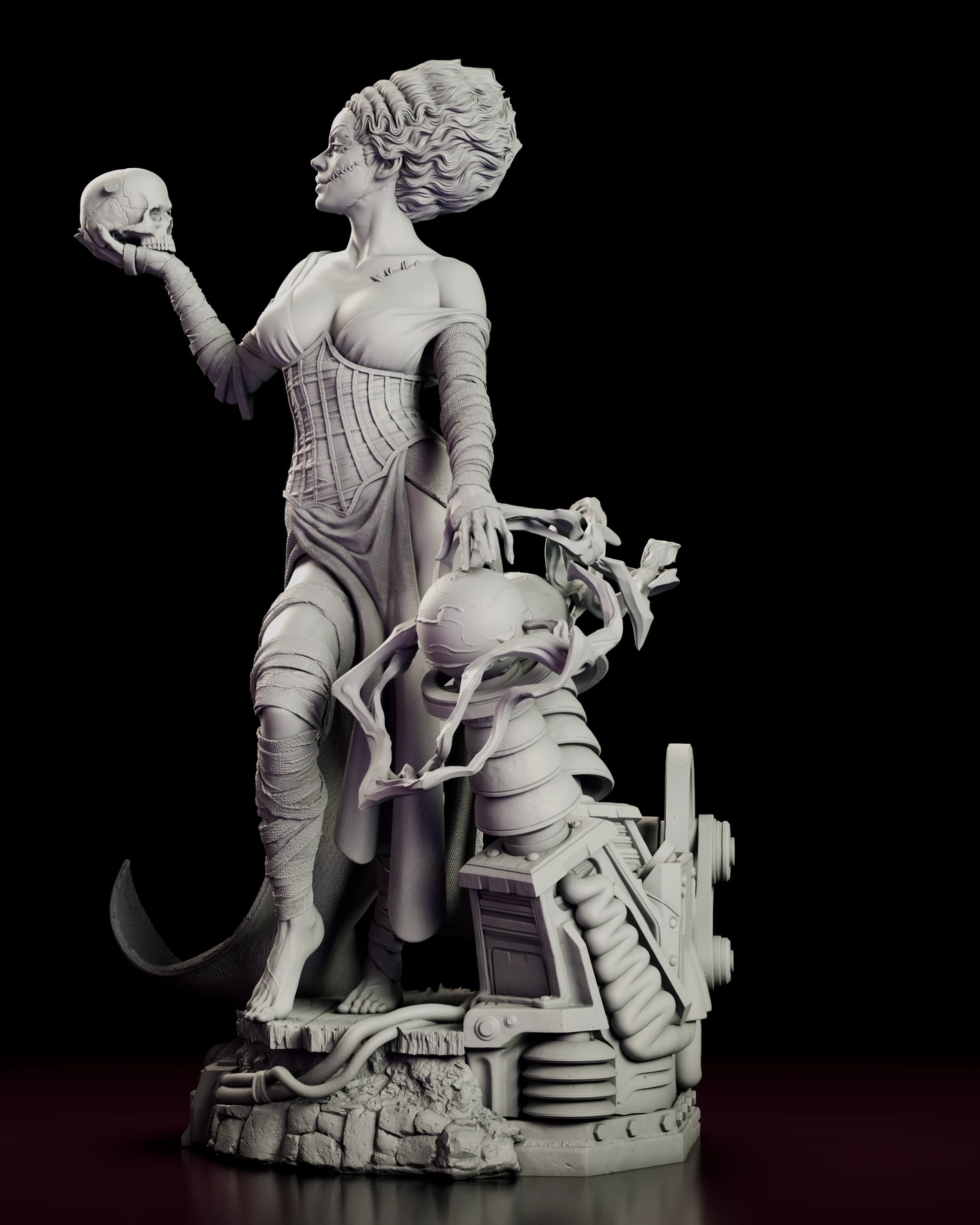 Left side view of the Bride of Frankenstein figure model kit with the skull extended in profile and her free hand resting on a cracked sphere above the coiled conduits of the laboratory base