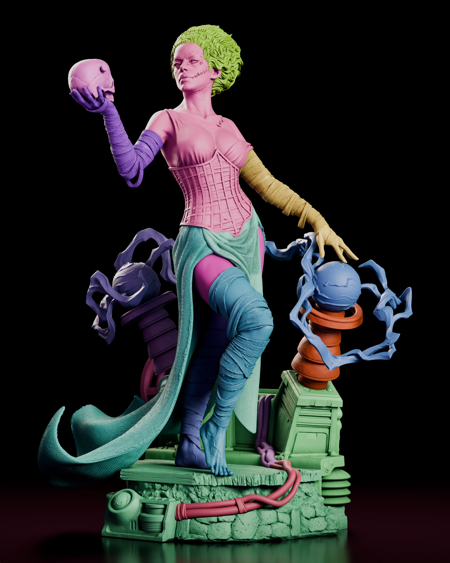 Parts breakdown of the Bride of Frankenstein figure model kit with each component shown in a separate colour, including the hair, torso, corset, bandaged arms, skirt and train, wrapped legs, skull, Tesla coils and sectioned laboratory base