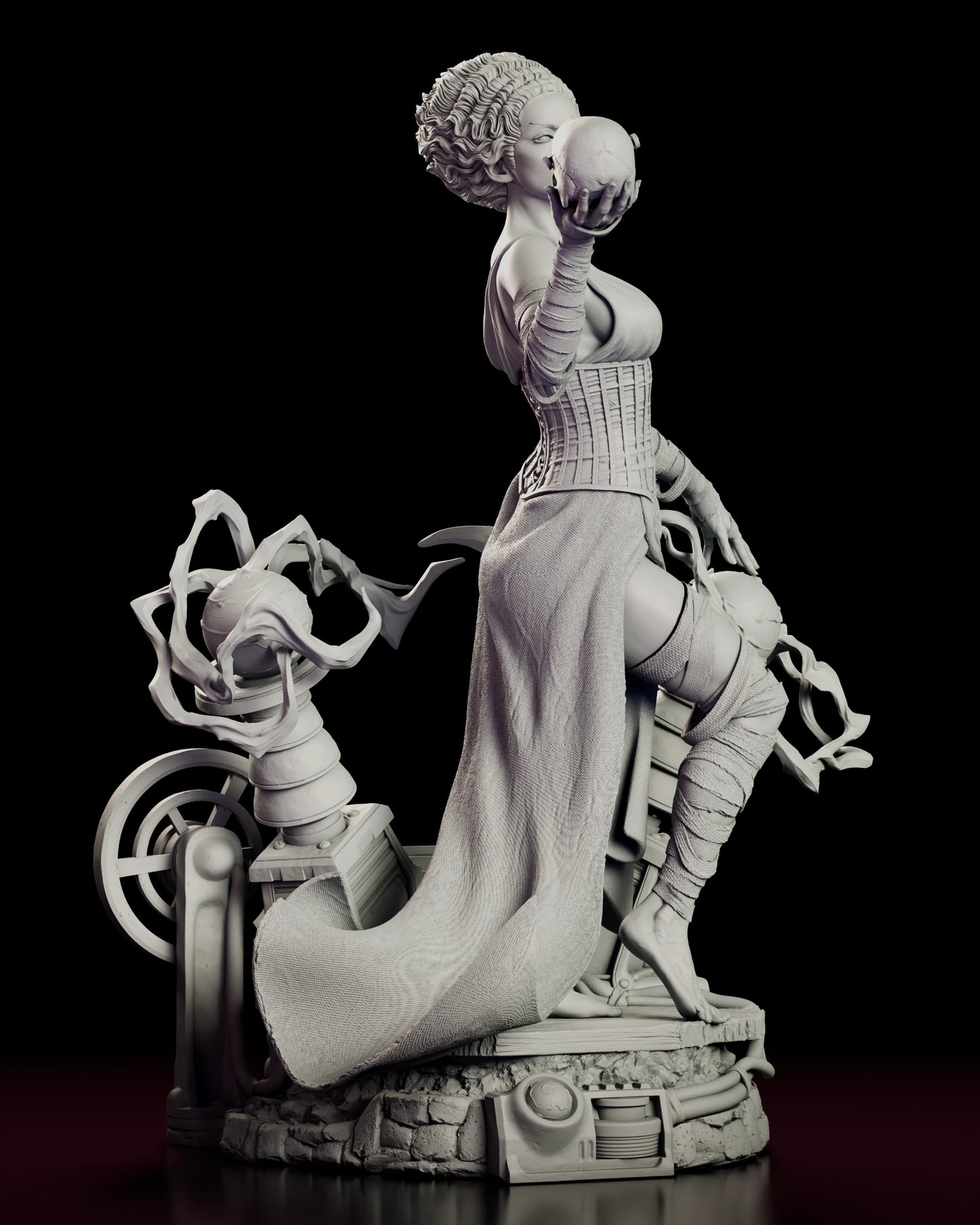 Right side view of the Bride of Frankenstein figure model kit showing the profile of her tall waved hair, the laced corset and the long fabric train sweeping down across the flywheel and machinery of the base