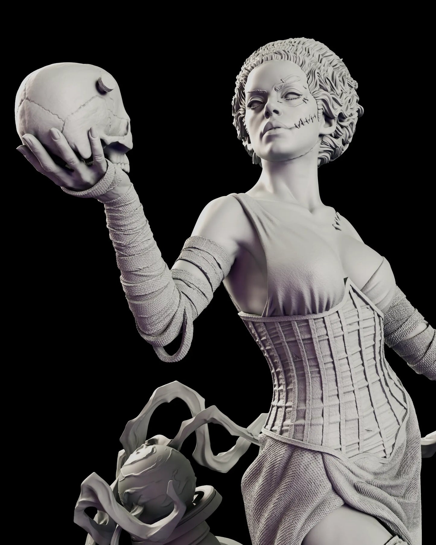 Close detail of the Bride of Frankenstein figure model kit showing the sutured skull held aloft in her bandage-wrapped hand above the boned corset and slipped shoulder of her gown