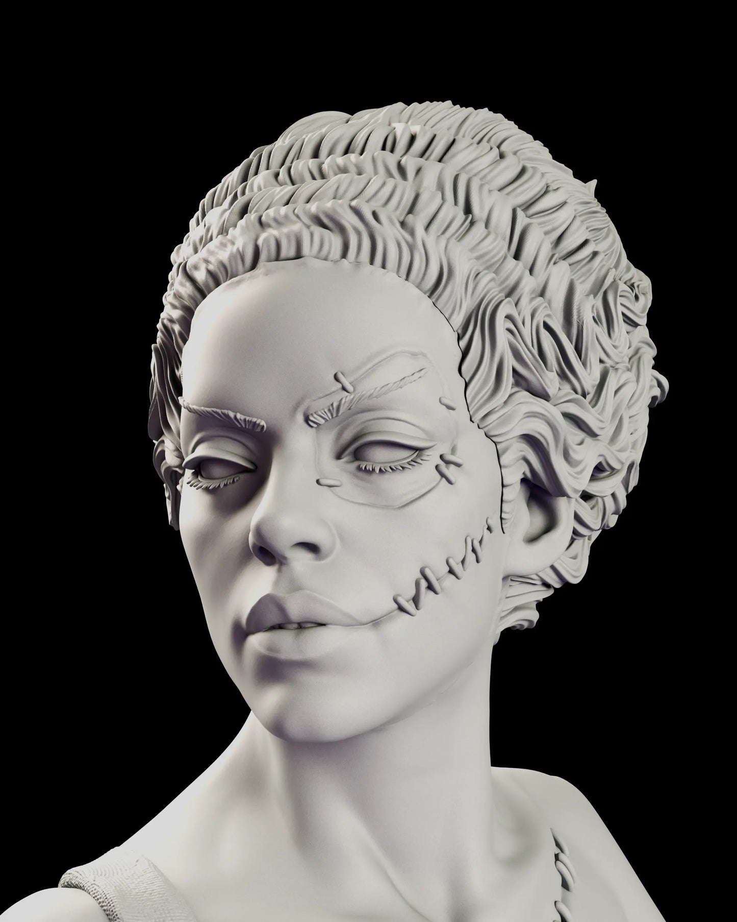 Portrait detail of the Bride of Frankenstein figure model kit showing the surgical seam along the cheek, sutures across the brow and the line of stitches drawn back from the corner of her mouth beneath a tall finger-waved bouffant