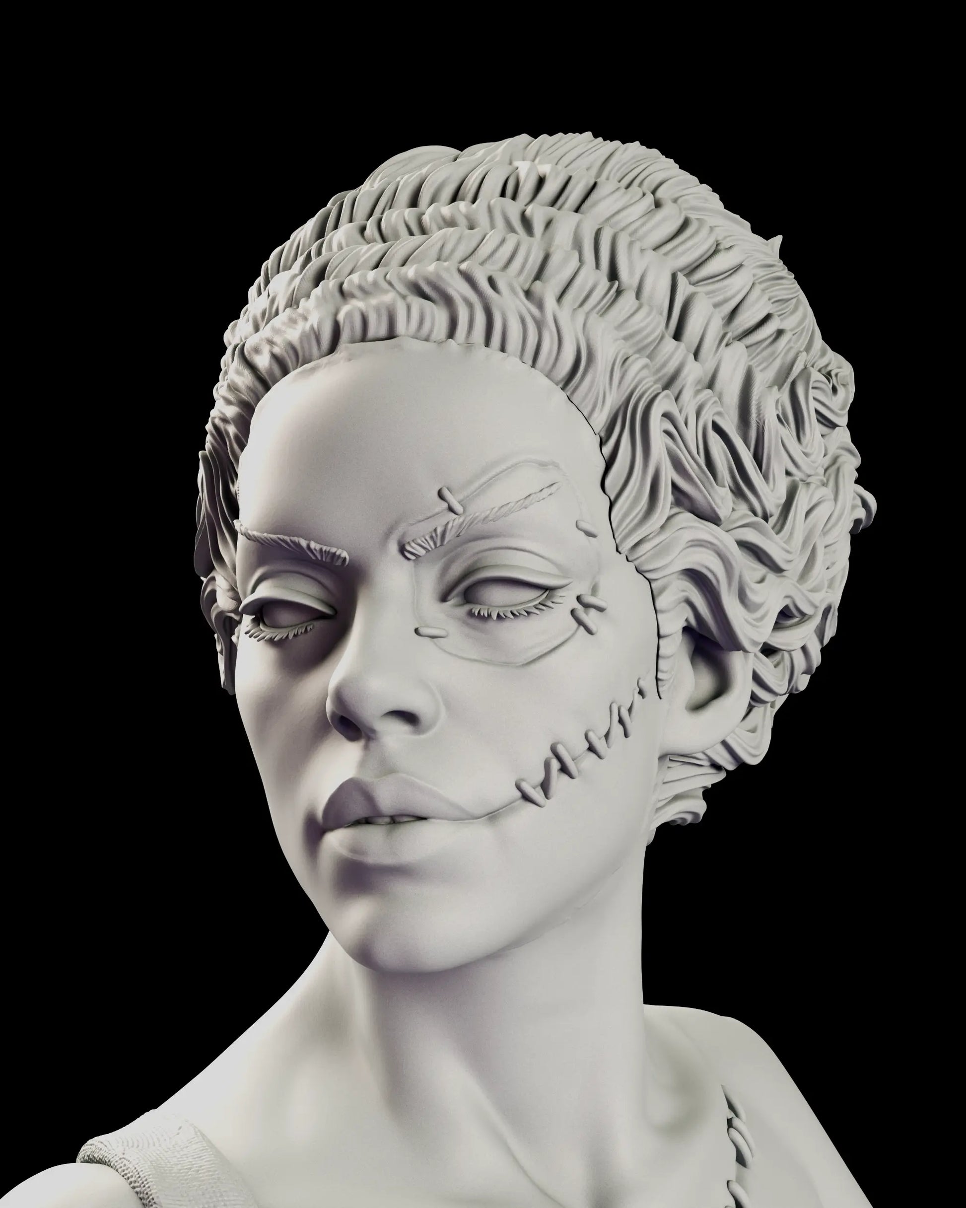 Portrait detail of the Bride of Frankenstein figure model kit showing the surgical seam along the cheek, sutures across the brow and the line of stitches drawn back from the corner of her mouth beneath a tall finger-waved bouffant