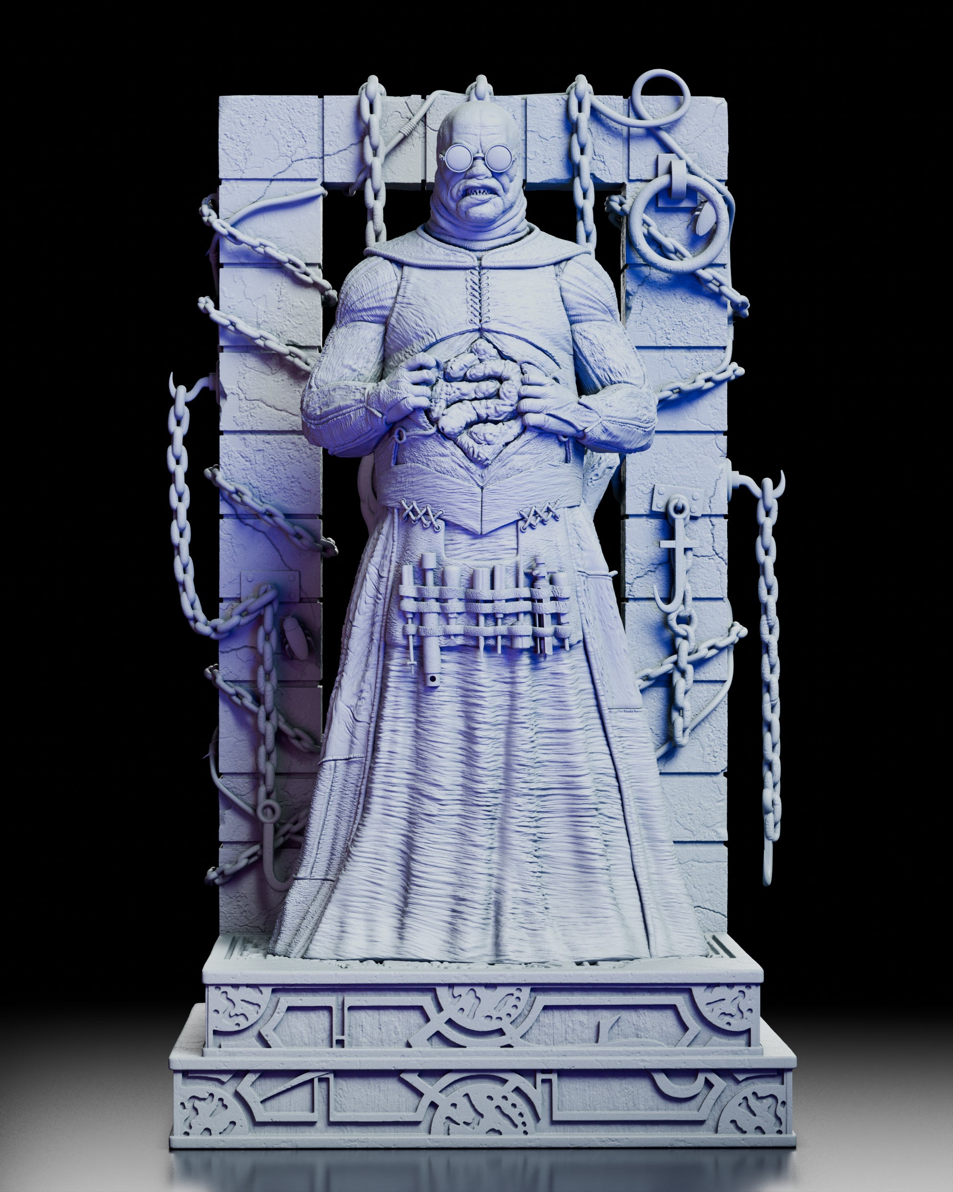 Front view of the Butterball Cenobite figure kit holding exposed organs with detailed robes, tools, and chained stone backdrop.