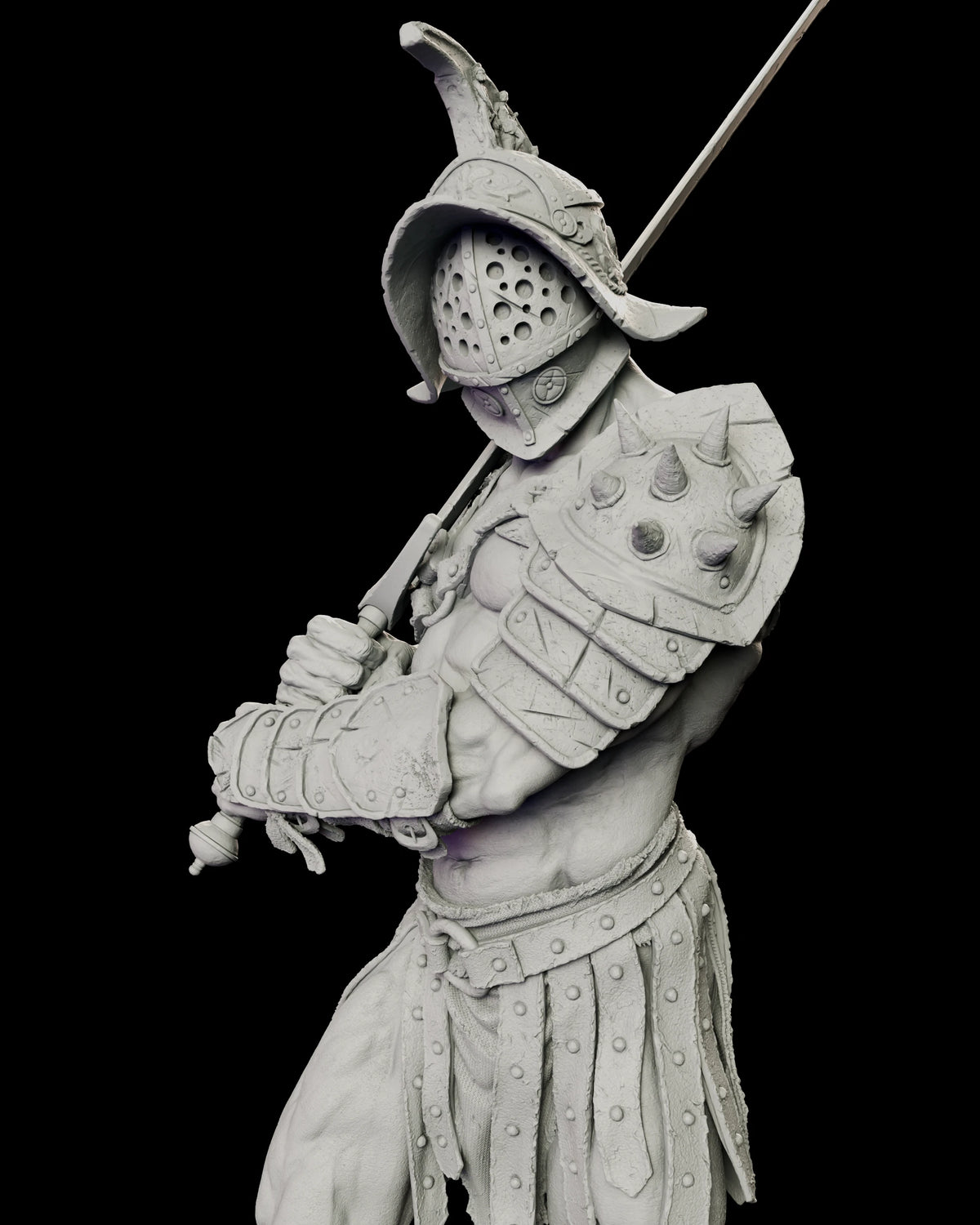 Upper body detail of the gladiator showing the laminated plate arm guard, spiked shoulder guard and the sword held upright against his chest