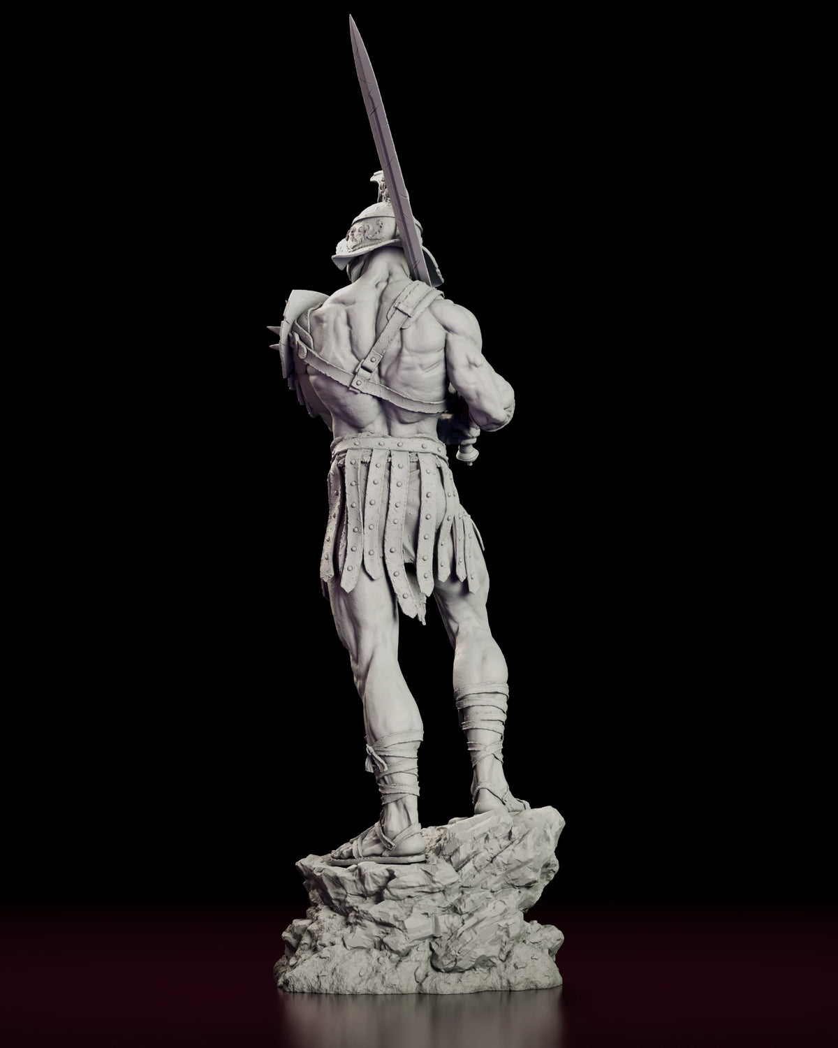 Rear view of the Roman gladiator figure model kit showing the back of the crested helmet, the neck guard and the sculpted musculature of the back