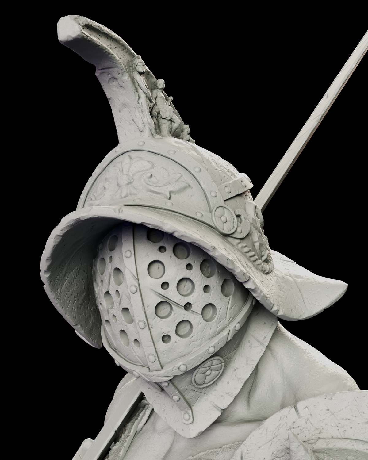 Close study of the gladiator helmet showing the perforated visor, engraved scrollwork on the dome and the tall crest carved with figures in relief