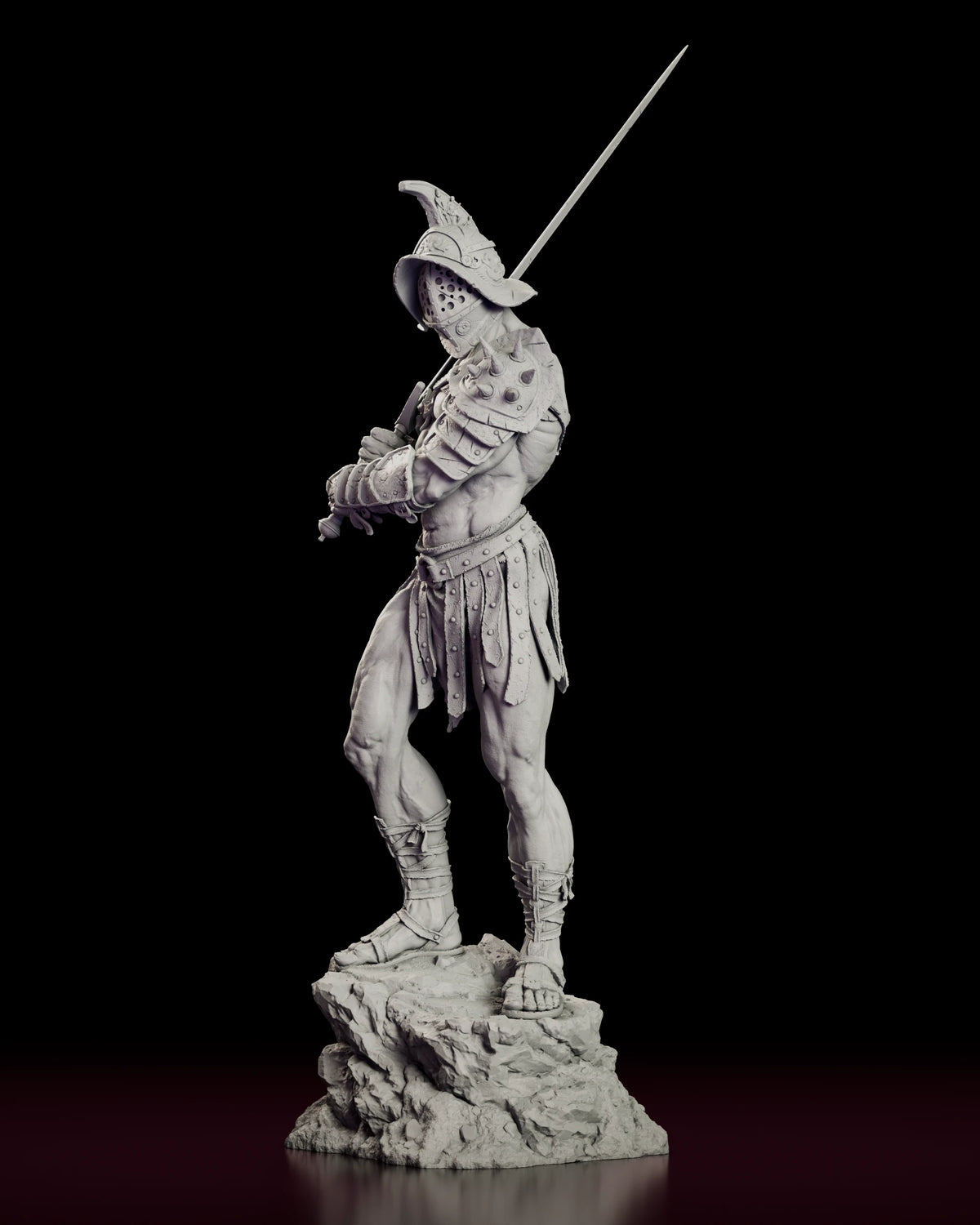 Left side view of the Roman gladiator figure model kit showing the bare left arm with its wrapped forearm and the fall of the strap skirt
