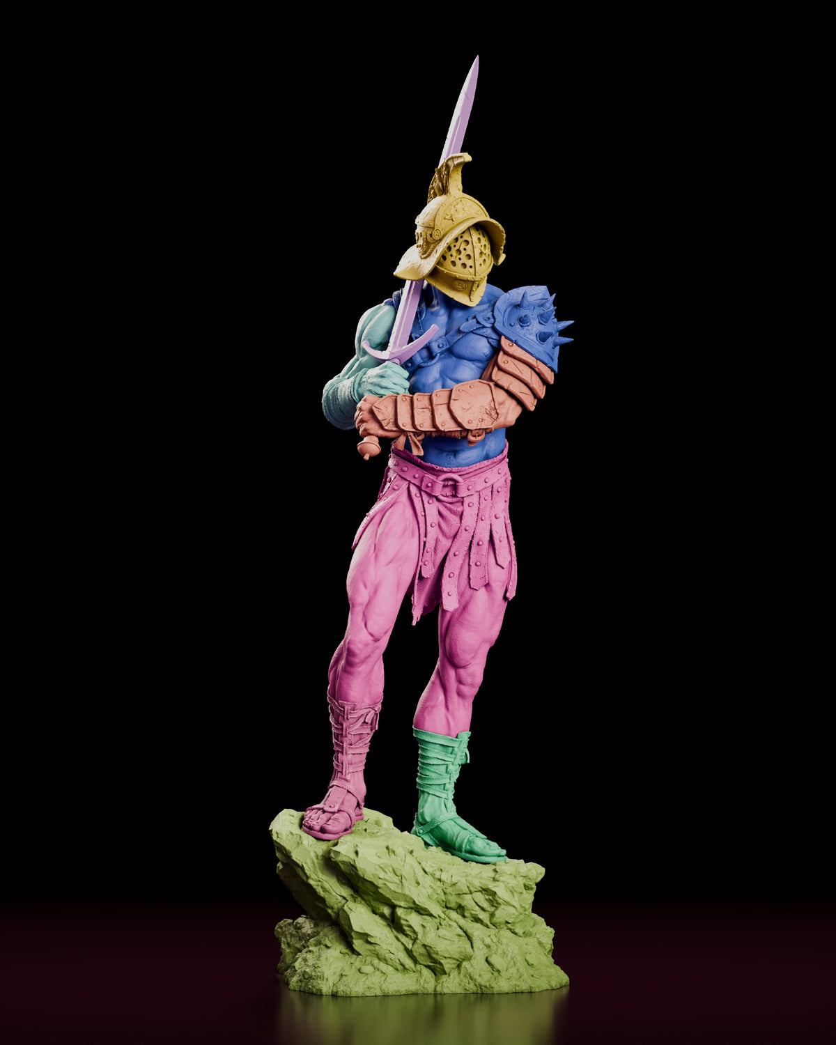 Parts breakdown render of the Roman gladiator figure model kit with each separate component shown in a different colour