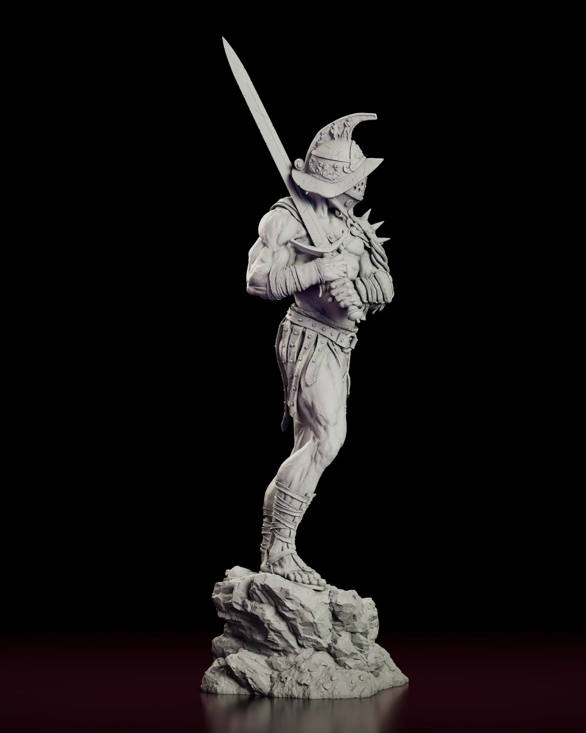 Right side view of the Roman gladiator figure model kit showing the full length of the plated arm guard and shoulder spikes