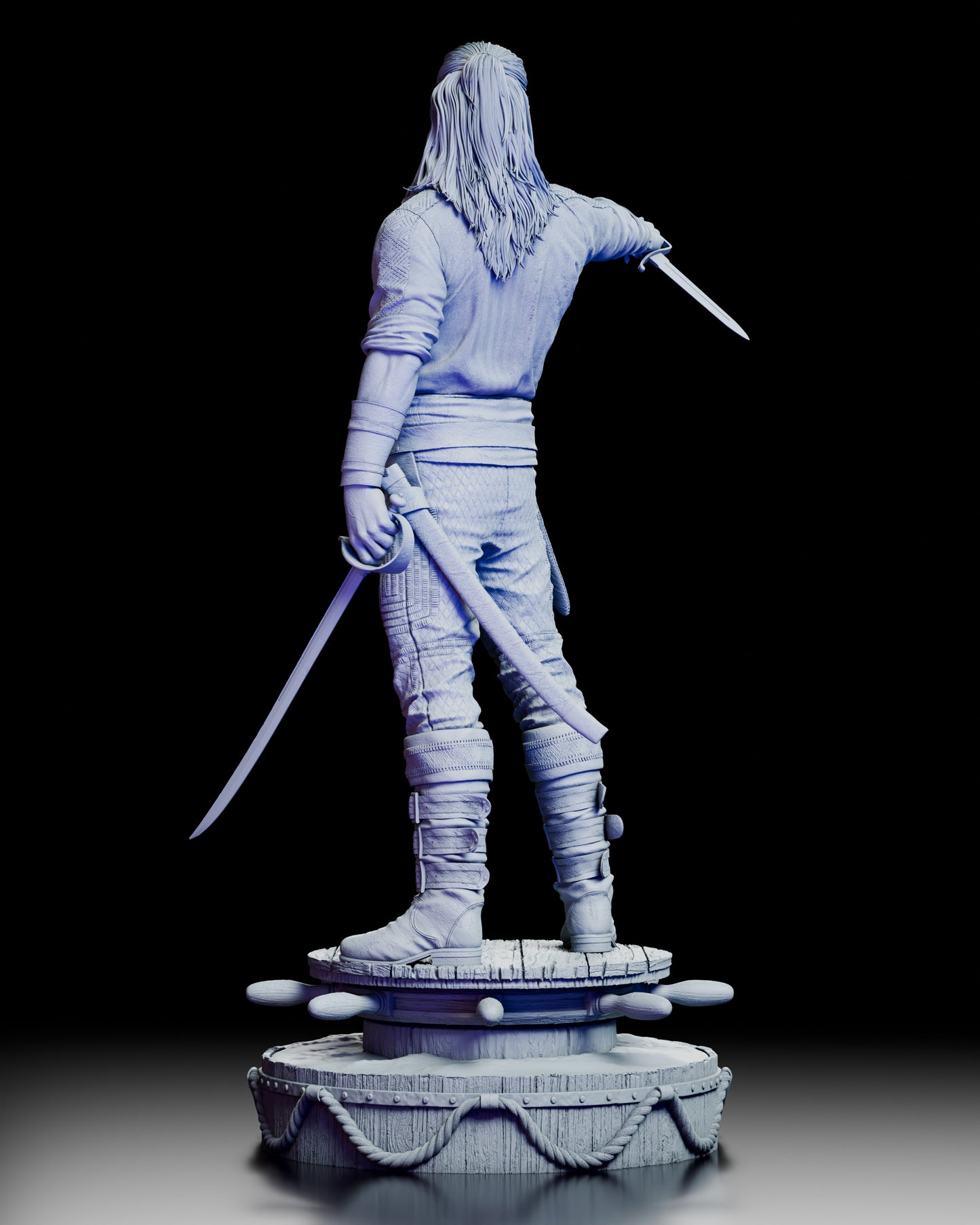 Back view of the Charles Vane resin figure kit showing long flowing hair, belt and sheath details, and the nautical display base.