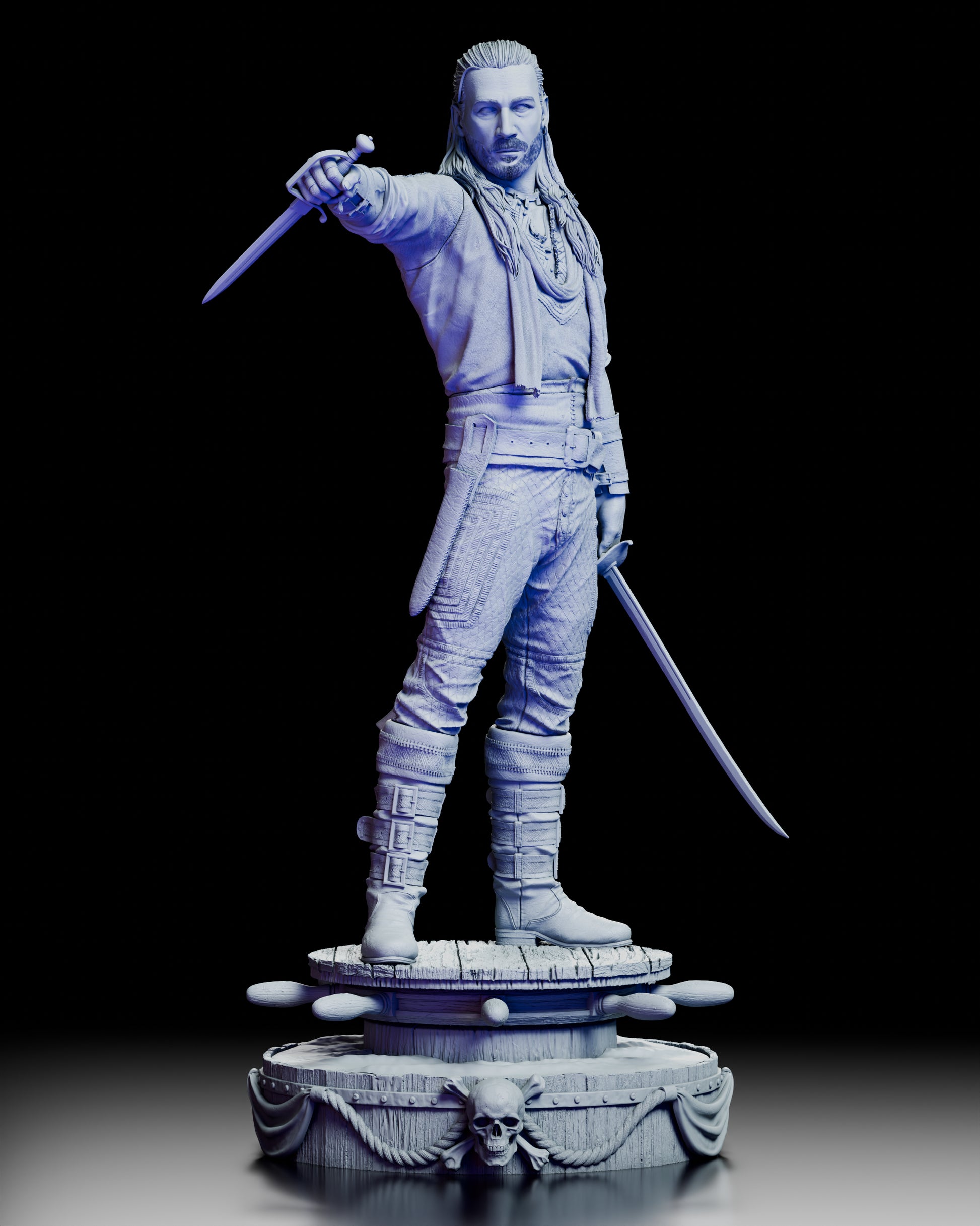 Front view of the Charles Vane resin figure kit with dagger-forward pose and sword option, standing on a skull-and-rope nautical base.