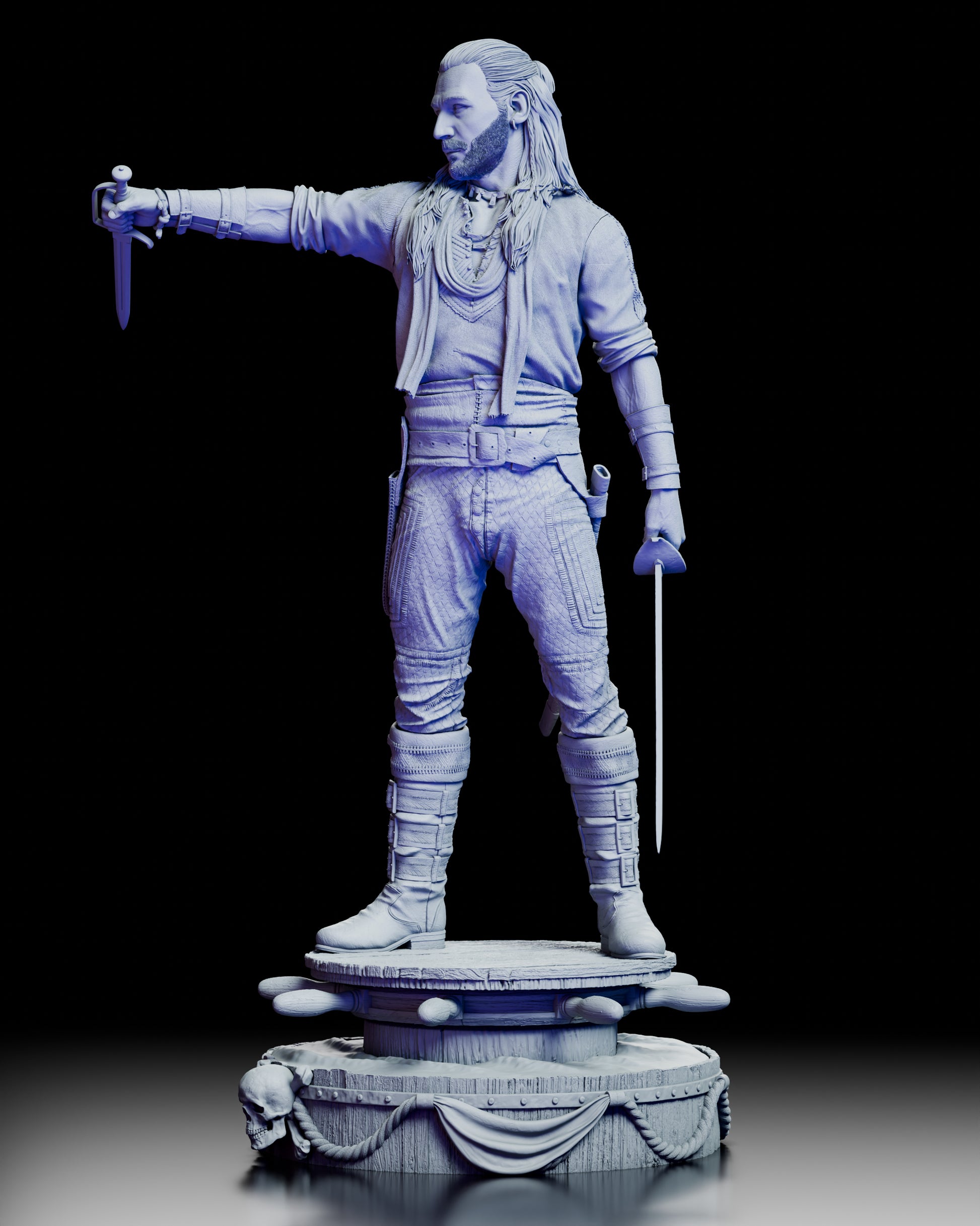 Left side profile of the Charles Vane figure kit showing the extended weapon arm, scarf drape, and sculpted boot and belt textures.