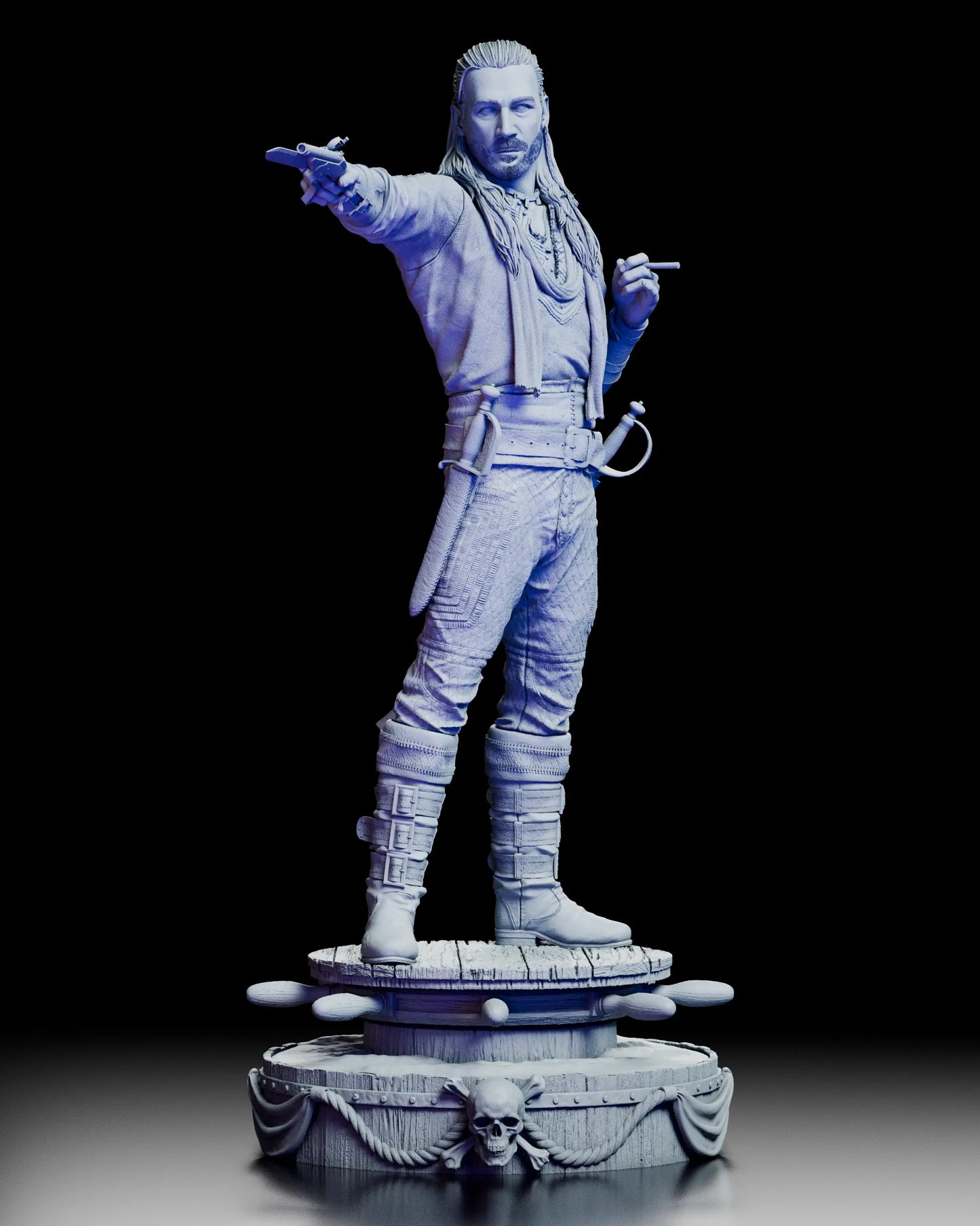 Front view of the Charles Vane Black Sails resin figure kit aiming a pistol while holding a cigar on a nautical skull base.