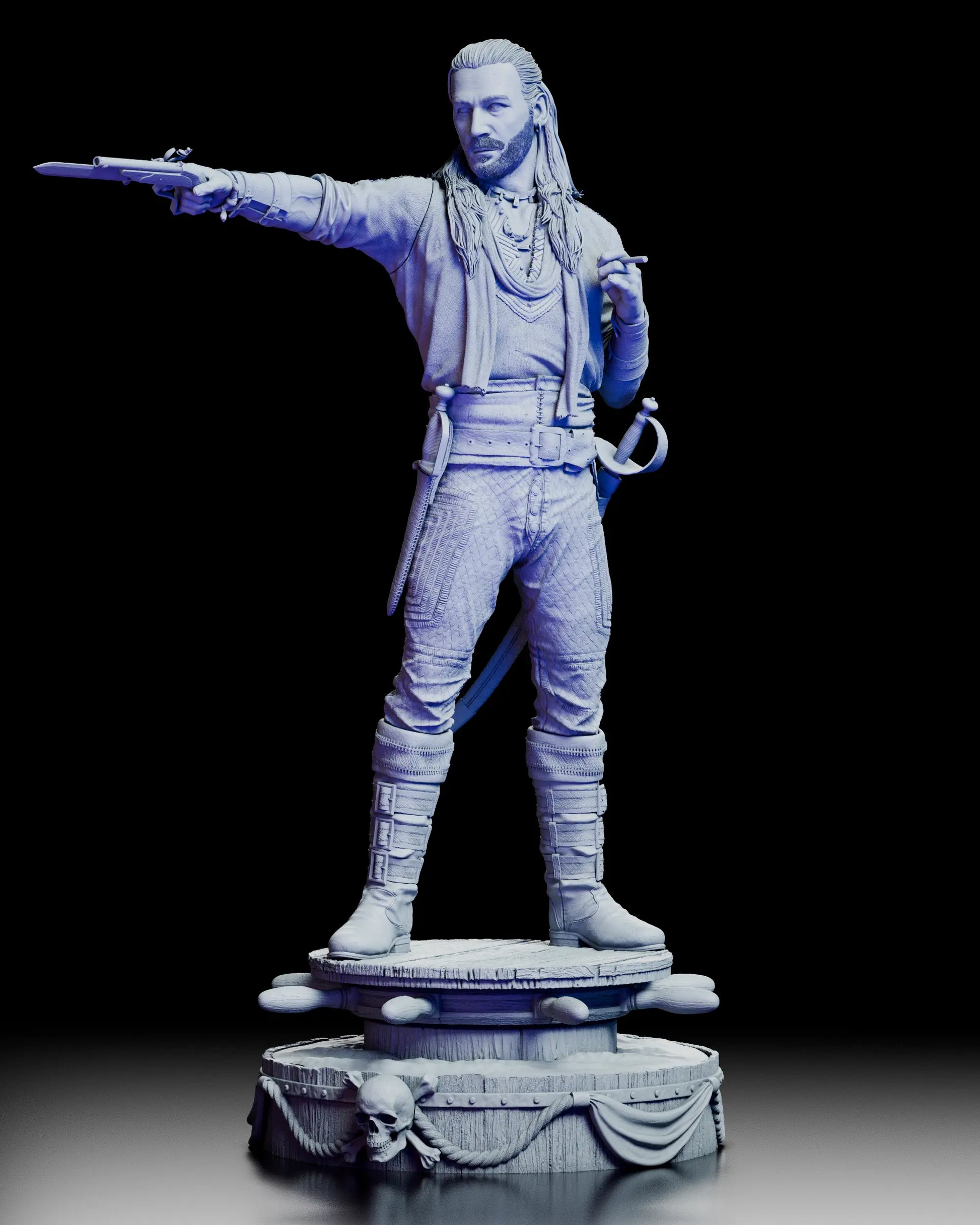 Three-quarter view of the Charles Vane resin figure kit with extended pistol arm, cigar in hand, and layered pirate clothing details.