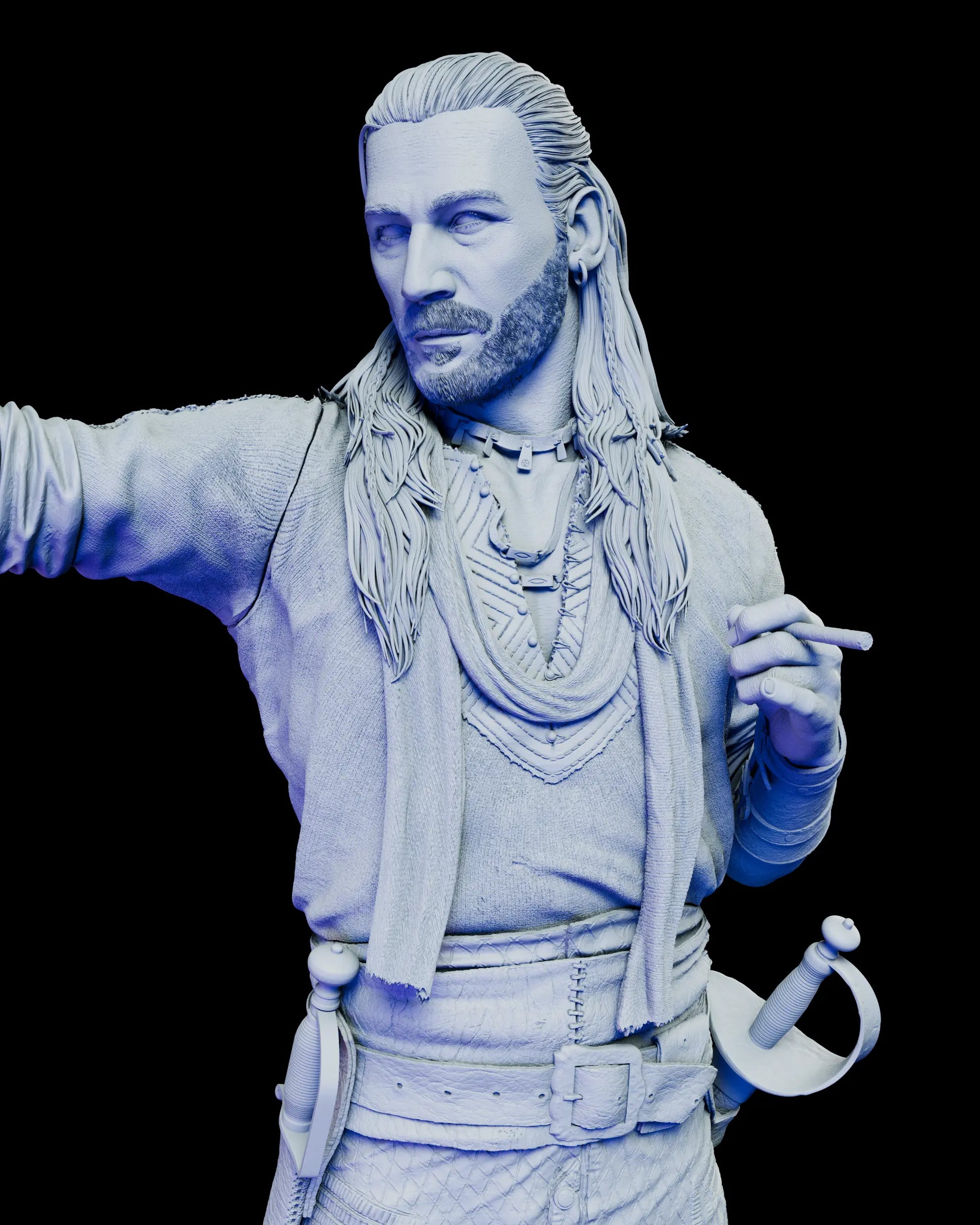Close-up of the Charles Vane figure kit portrait showing facial detail, long hair strands, necklaces, and layered pirate garments.