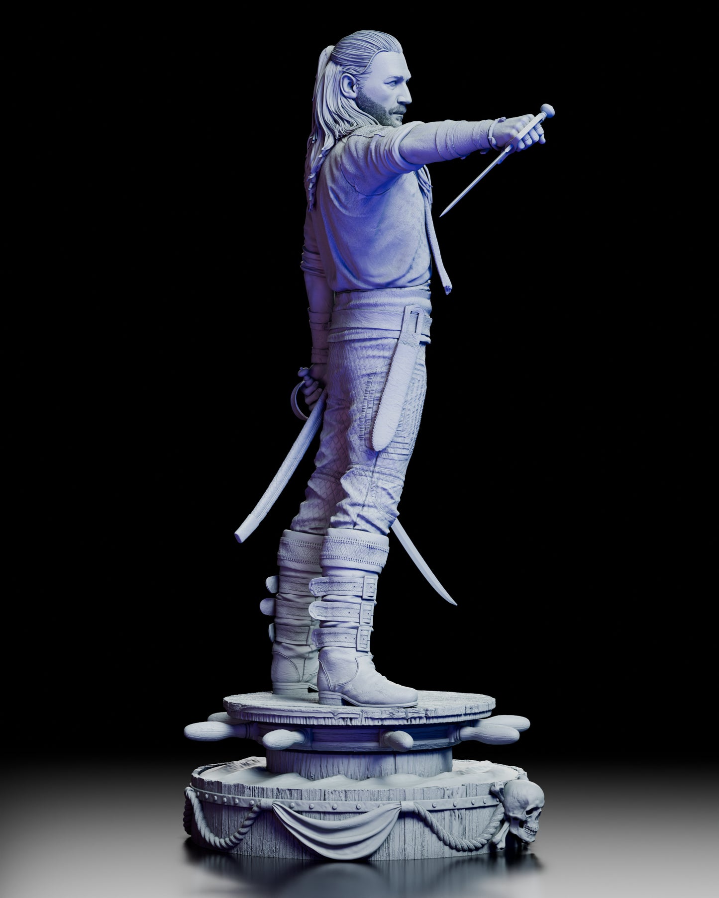 Right side profile of the Charles Vane resin figure kit highlighting the layered clothing, sheath placement, and maritime base details.
