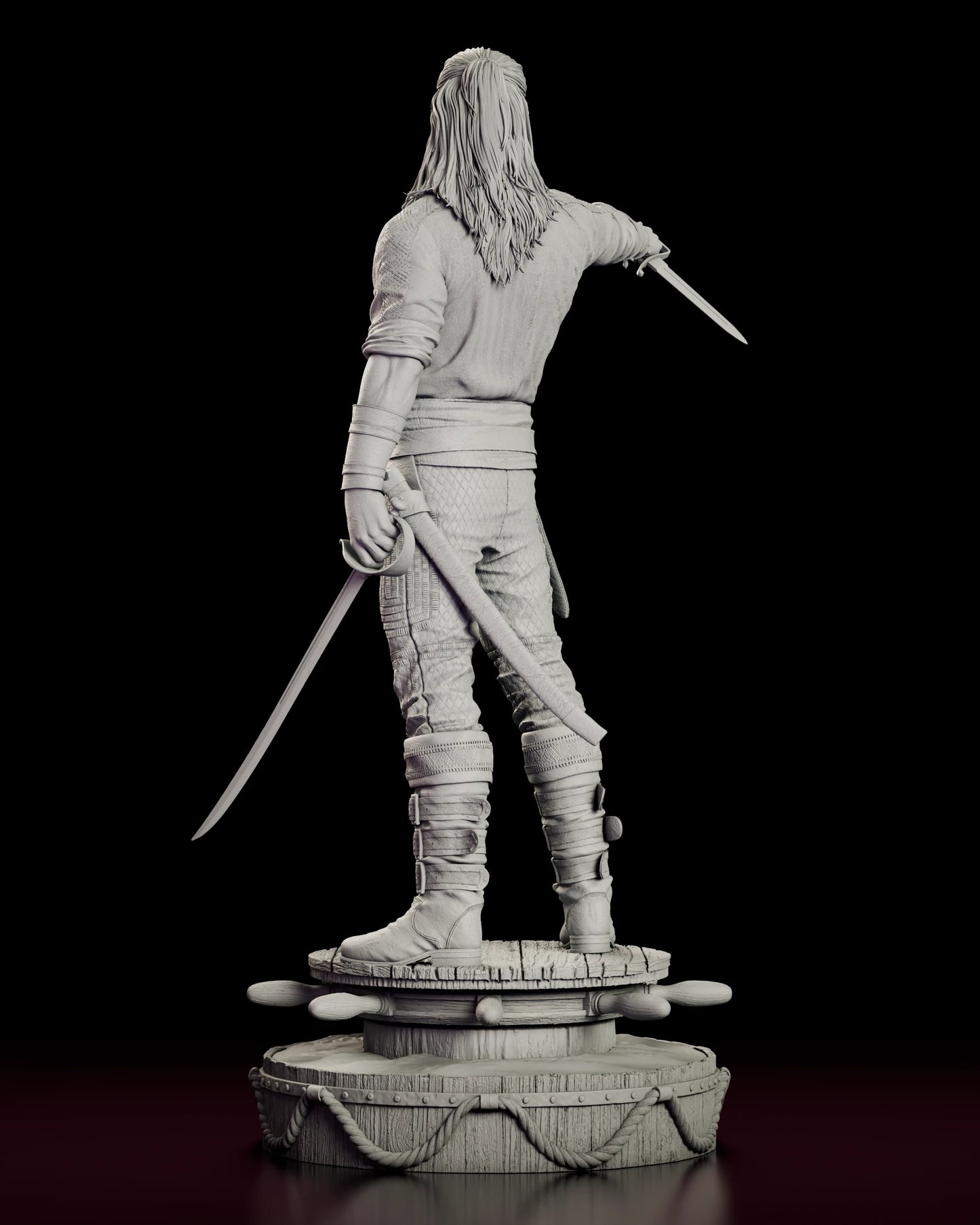 Rear view of the Charles Vane figure model kit showing the fall of his long braided hair, the shirt across his shoulders and the planked deck of the base