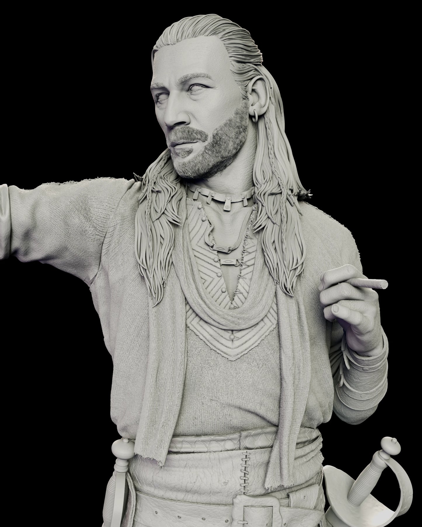 Detail of the Charles Vane figure model kit showing the alternate left hand holding a cigar, with the layered necklaces and laced shirt beneath