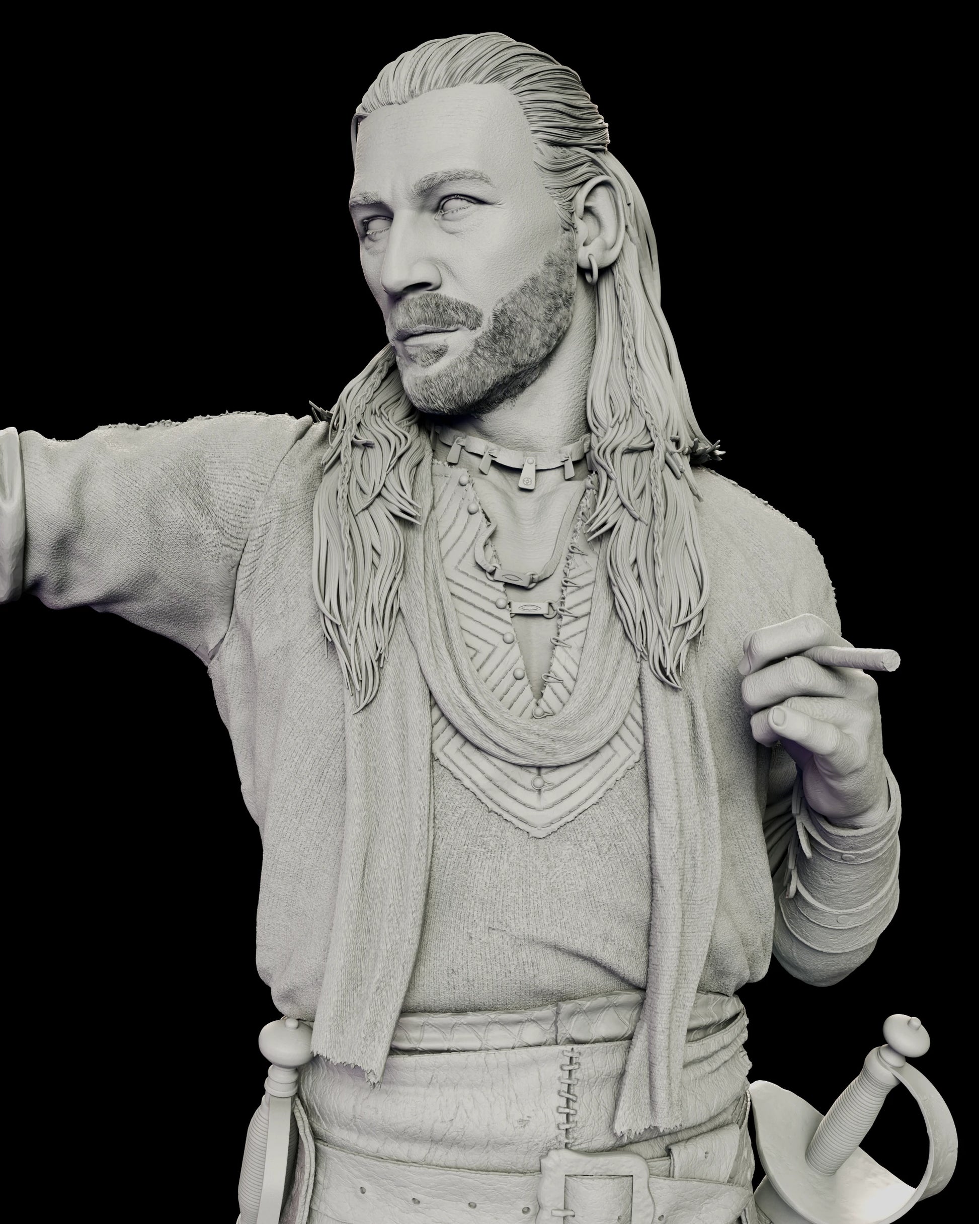 Detail of the Charles Vane figure model kit showing the alternate left hand holding a cigar, with the layered necklaces and laced shirt beneath