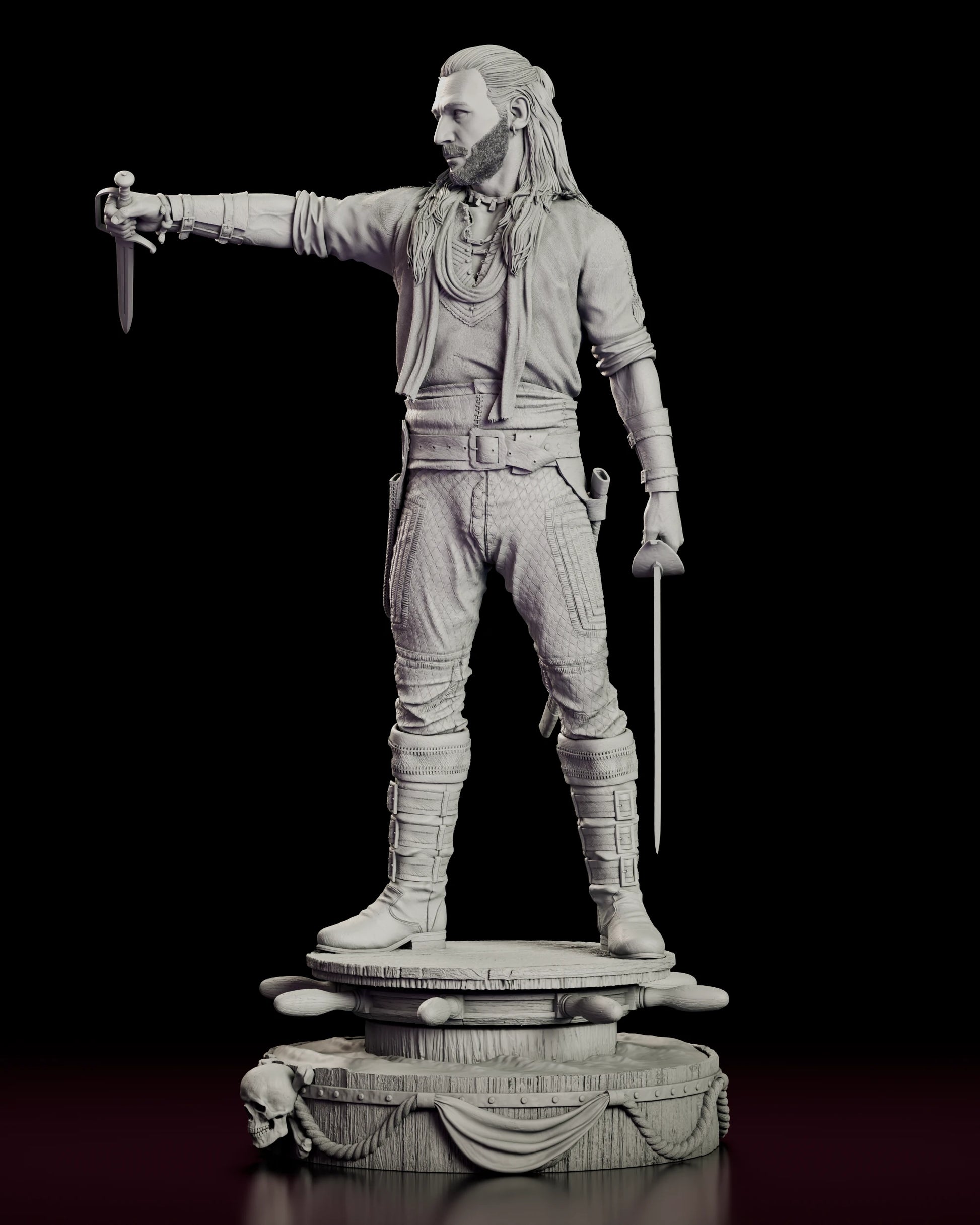 Left side view of the Charles Vane figure model kit showing the lowered cutlass, the sash at his waist and the roped capstan base
