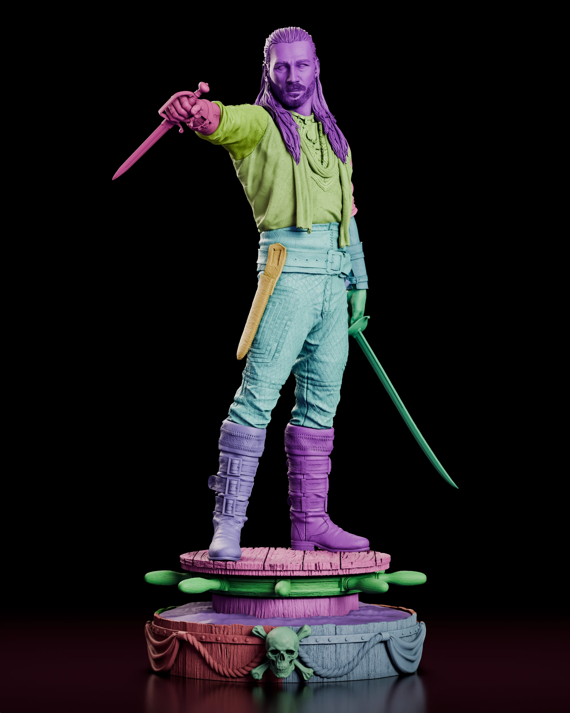 Parts breakdown of the Charles Vane figure model kit showing the separate head, shirt, arms, weapon options, scabbard, boots and sectioned ship's wheel base