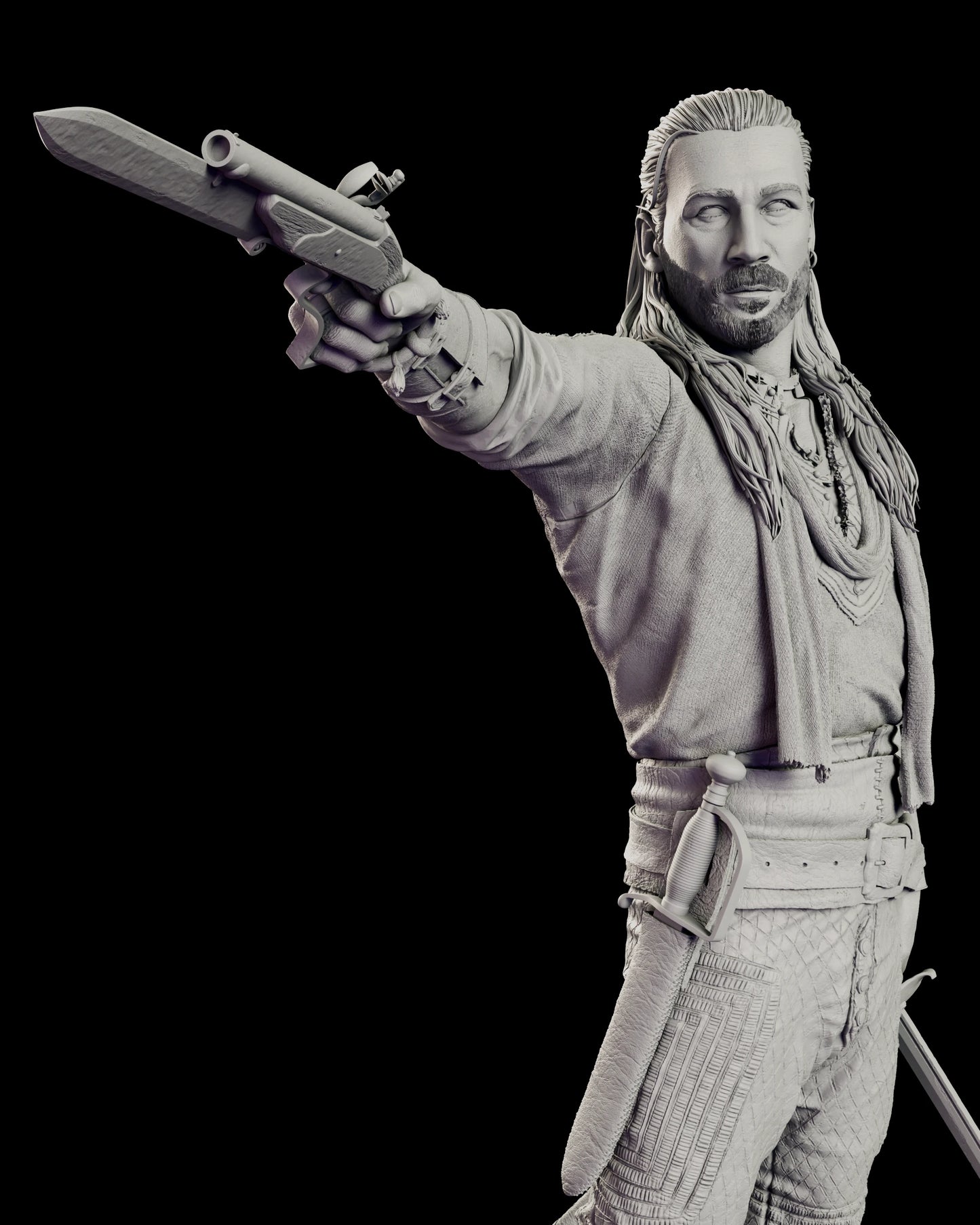 Detail of the Charles Vane figure model kit showing the alternate right hand holding a flintlock pistol with a blade mounted along the barrel